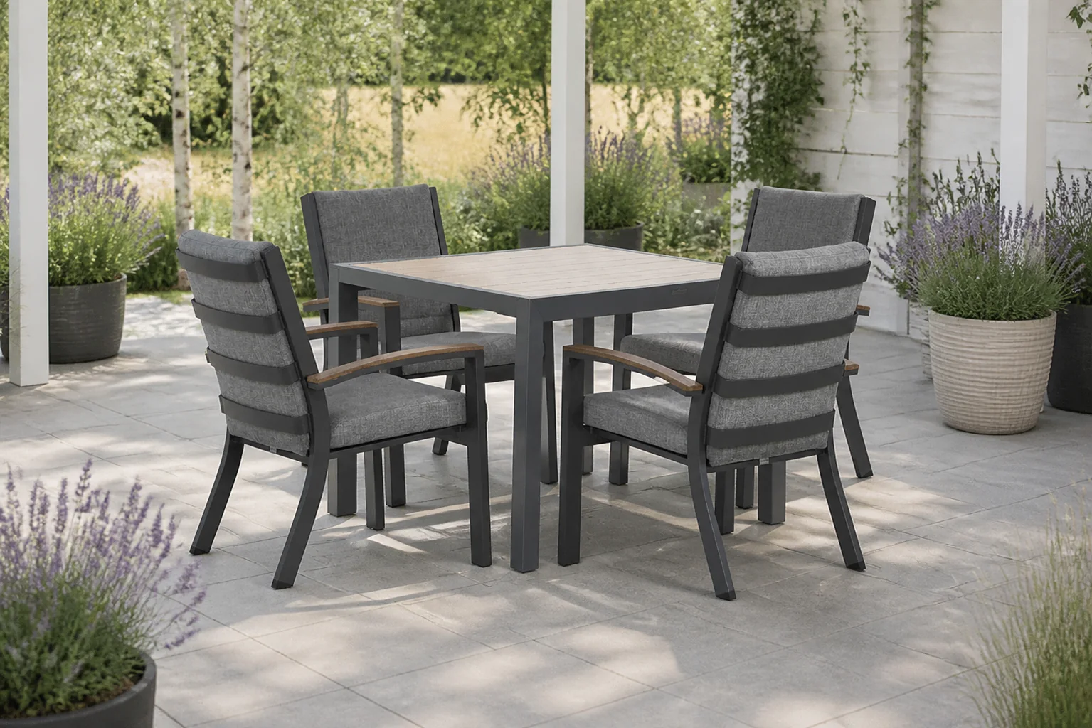 Sfeerfoto van Osmen Midura/Borello 100 cm dining tuinset 5-delig – Grijs-antraciet