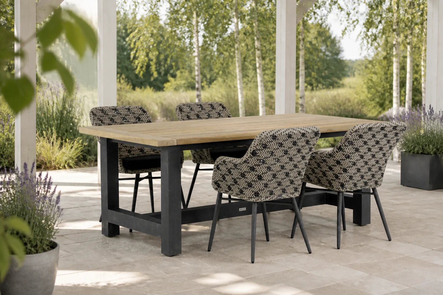 Sfeerfoto van Lifestyle Garden Furniture Crossway/San Francisco 200 cm dining tuinset 5-delig – Zwart-wit