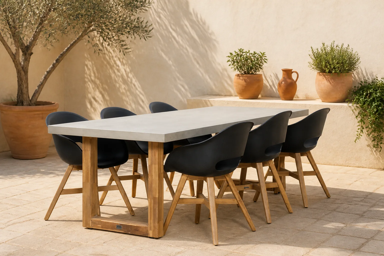 Sfeerfoto van BUITEN living Lausanne/Karlstad zwart dining tuinset | 6 personen | betonlook + kunststof | 250cm – Light Teak, Betonlook, Zwart