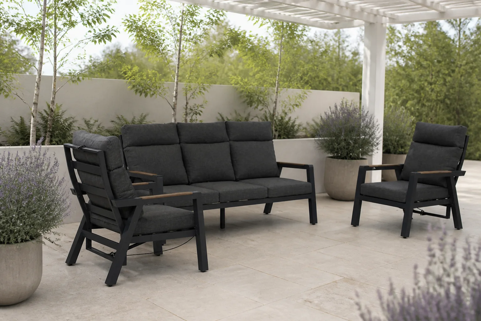 Sfeerfoto van Lifestyle Garden Furniture Marseille stoel-bank loungeset 3-delig – Grijs-antraciet