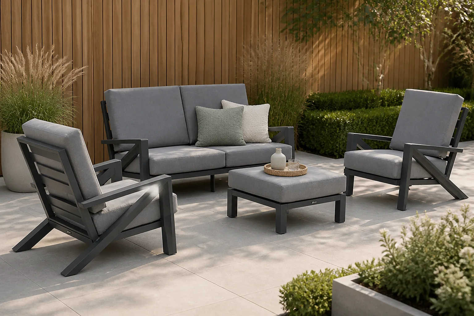 Sfeerfoto van Santika Furniture Cinta stoel-bank loungeset 4-delig – Grijs-antraciet