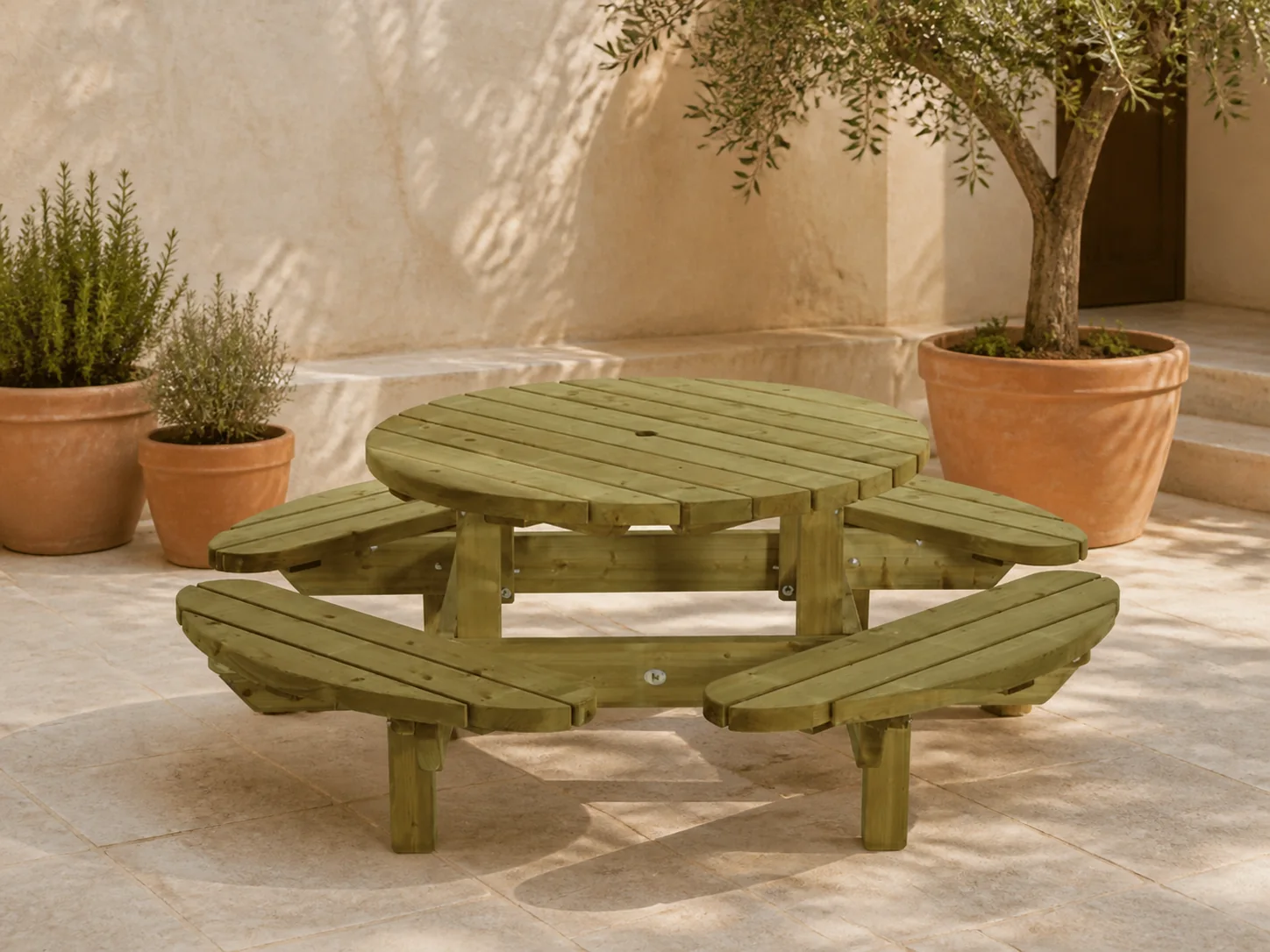 Sfeerfoto van Talen buitenmeubelen Picknicktafel rond dia. 210 cm – groen