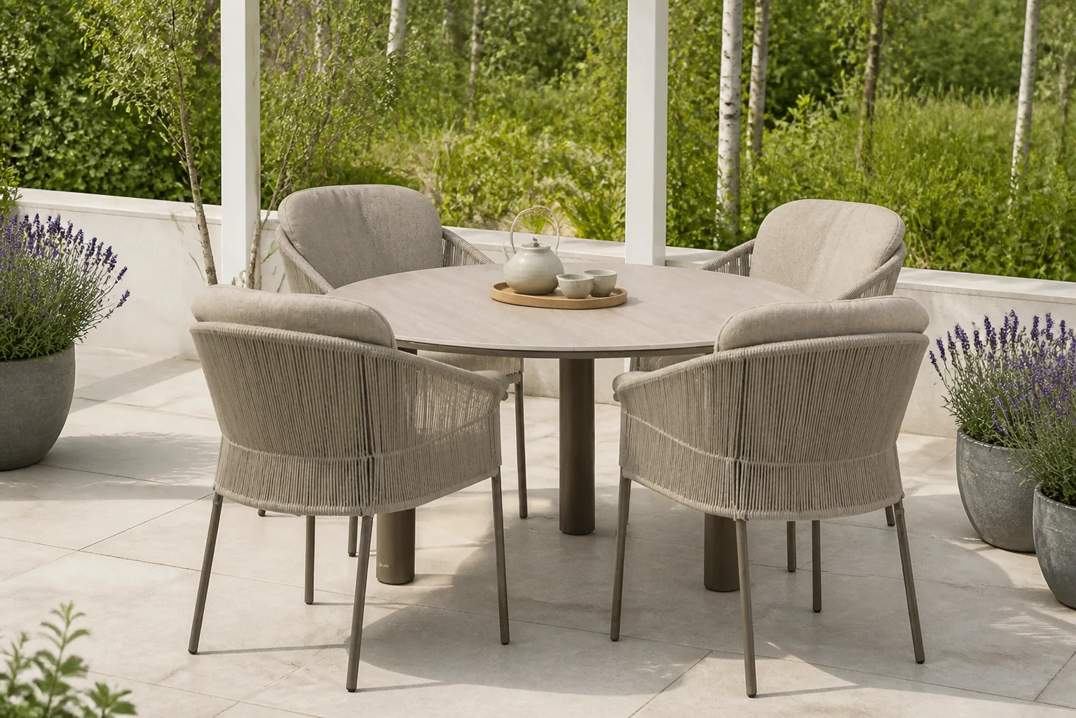 Sfeerfoto van 4 Seasons Outdoor Florence/Trino 140 cm dining tuinset 5-delig – Taupe-naturel-bruin