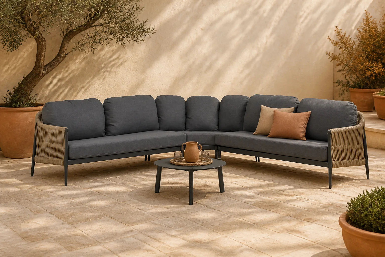 Sfeerfoto van Coco Romeo/Rimini 75 cm hoek loungeset 4-delig – Taupe-naturel-bruin