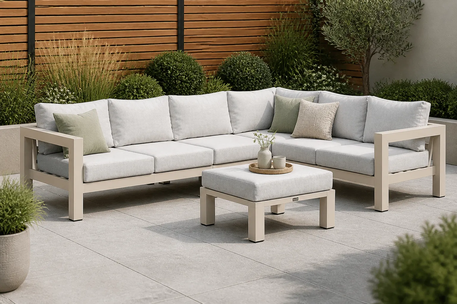 Sfeerfoto van Lifestyle Garden Furniture Luca hoek loungeset 5-delig – Taupe-naturel-bruin