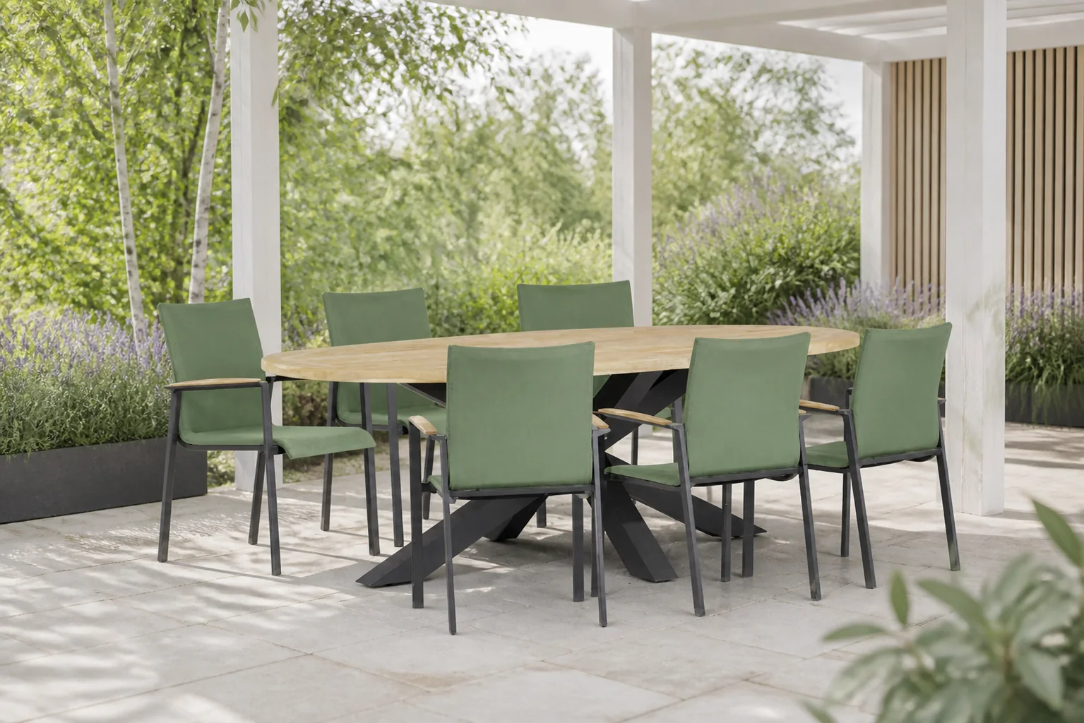 Sfeerfoto van Lifestyle Garden Furniture Brandon/Brookline 240 cm dining tuinset 7-delig – Groen