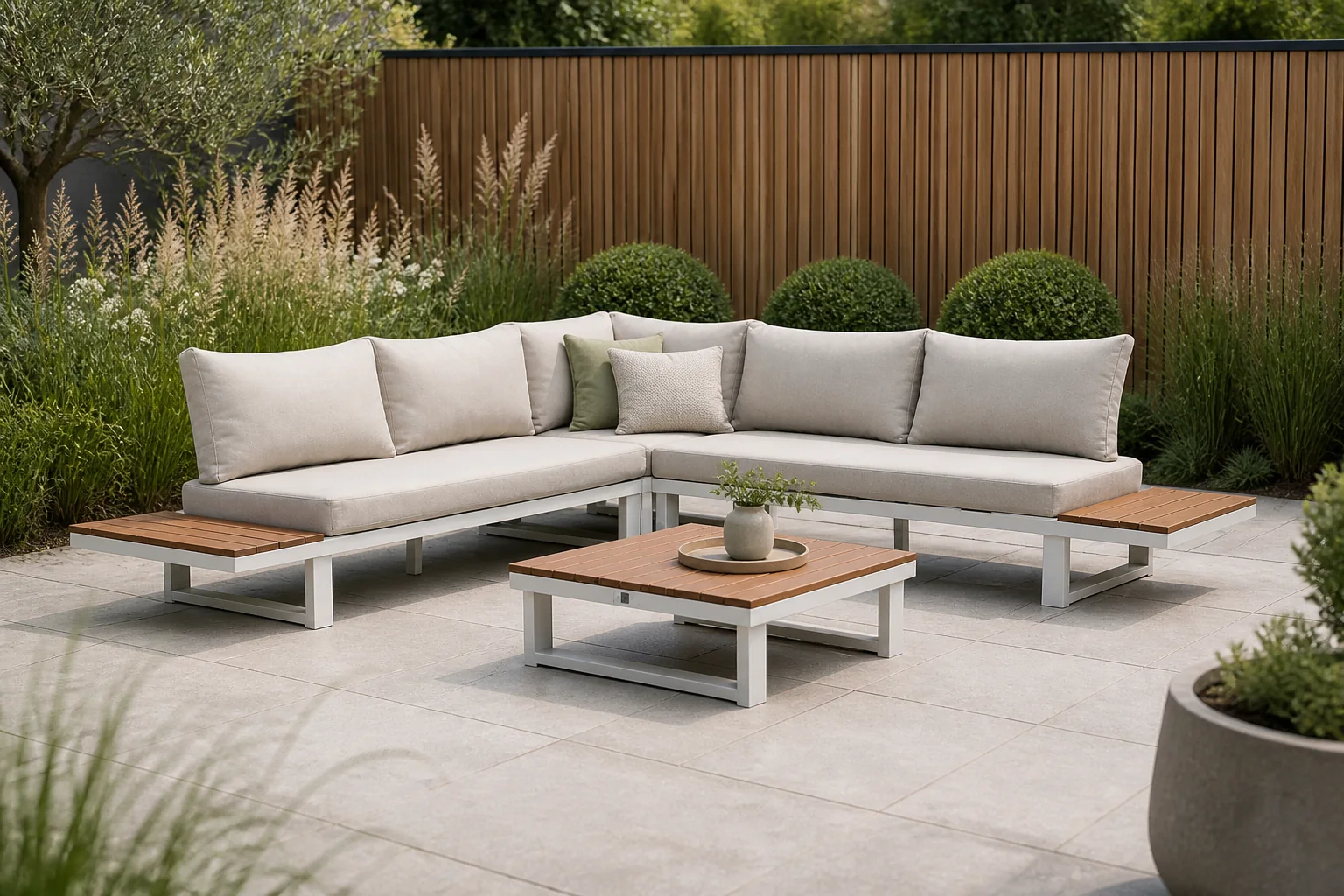 Sfeerfoto van LUX outdoor living Canyon hoek loungeset 5 personen incl. tafel | aluminium + hardhout | wit/Light Teaklook | 5-delig – Light Teak