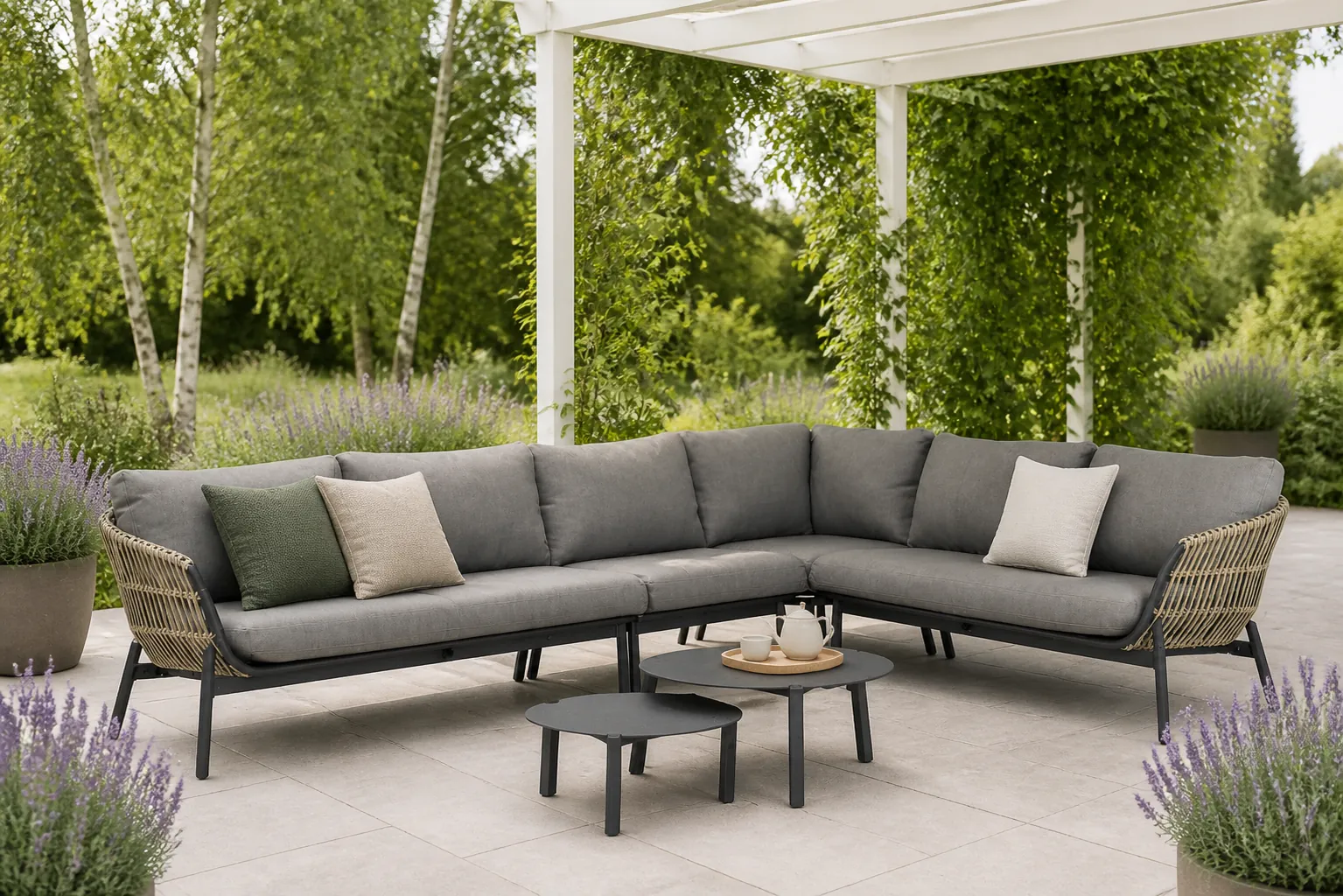 Sfeerfoto van Coco Nathan/Rimini 60/75 cm hoek loungeset 6-delig – Taupe-naturel-bruin