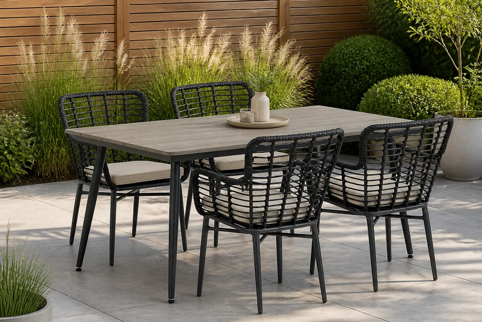 Sfeerfoto van De Laan Projects Laan Toledo/Matale 180 cm dining tuinset 5-delig – Zwart