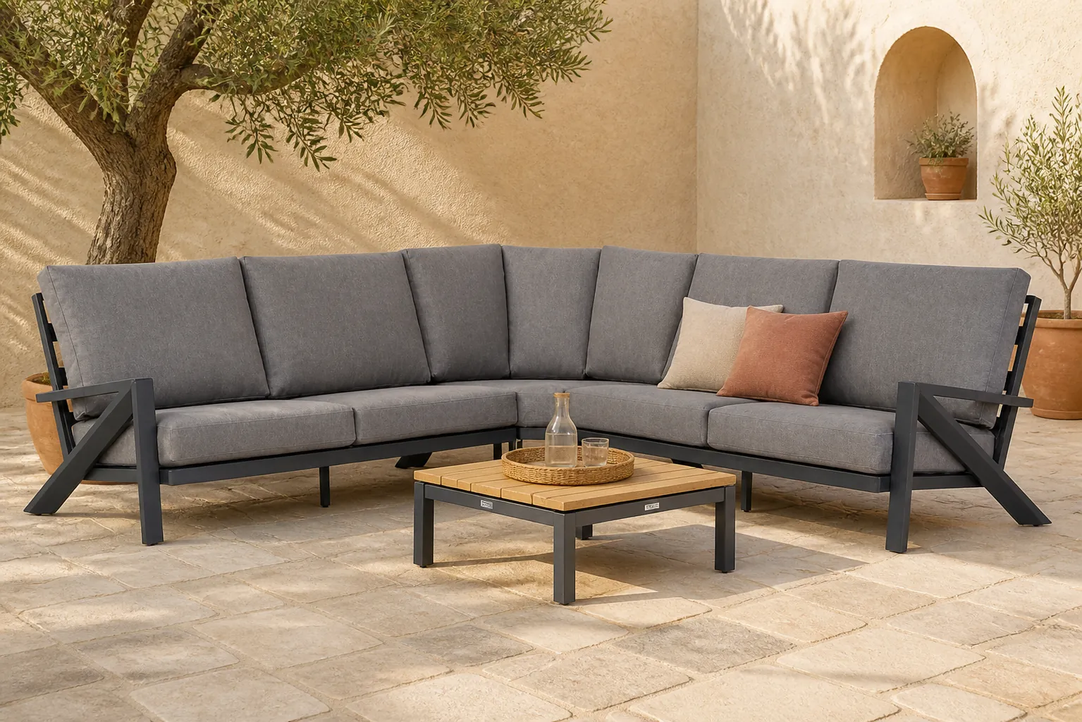 Sfeerfoto van Santika Furniture Cinta/Riviera hoek loungeset 4-delig – Grijs-antraciet