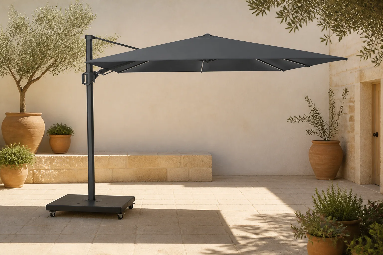 Sfeerfoto van Platinum Challenger T² Glow zweefparasol | 300x300cm met Monza parasolvoet 90kg | antraciet