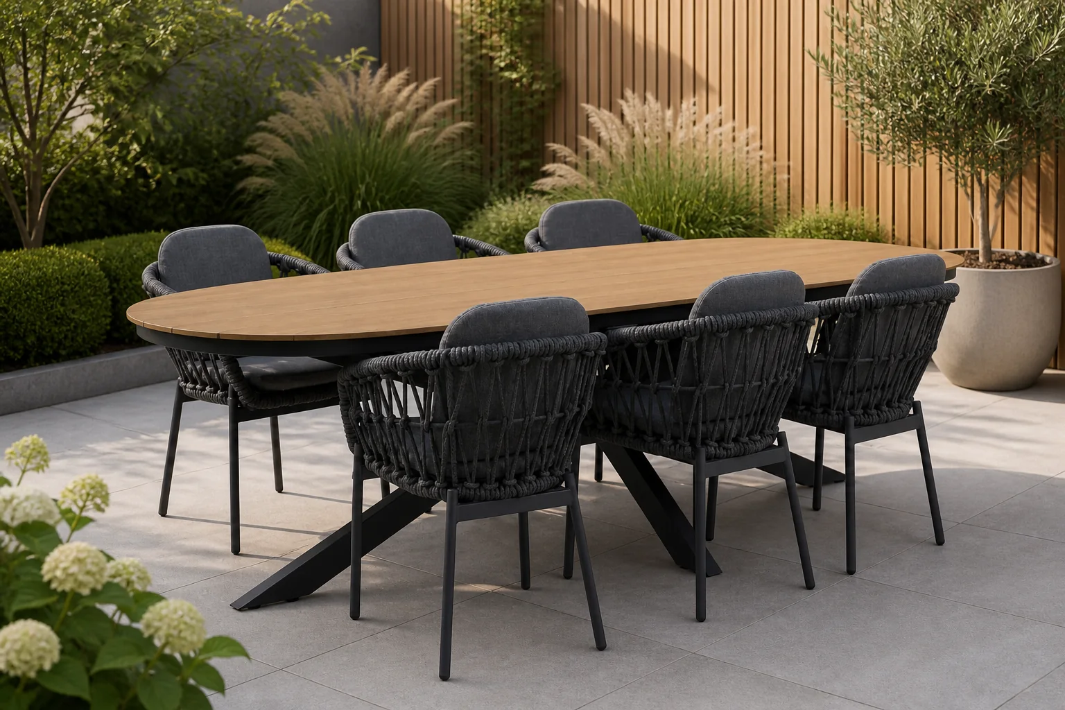 Sfeerfoto van LUX outdoor living Texas/Femke antraciet dining tuinset | 6 personen | polywood + touw | 260cm