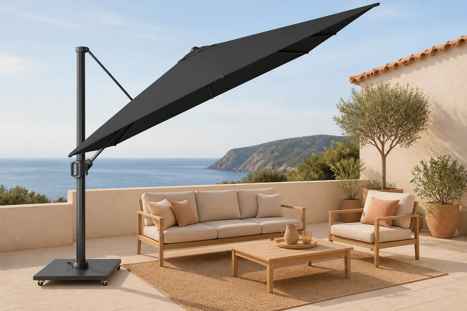 Sfeerfoto van Platinum Zweefparasol Challenger T1 3×3 meter Zwart zonwering – tweekleurig