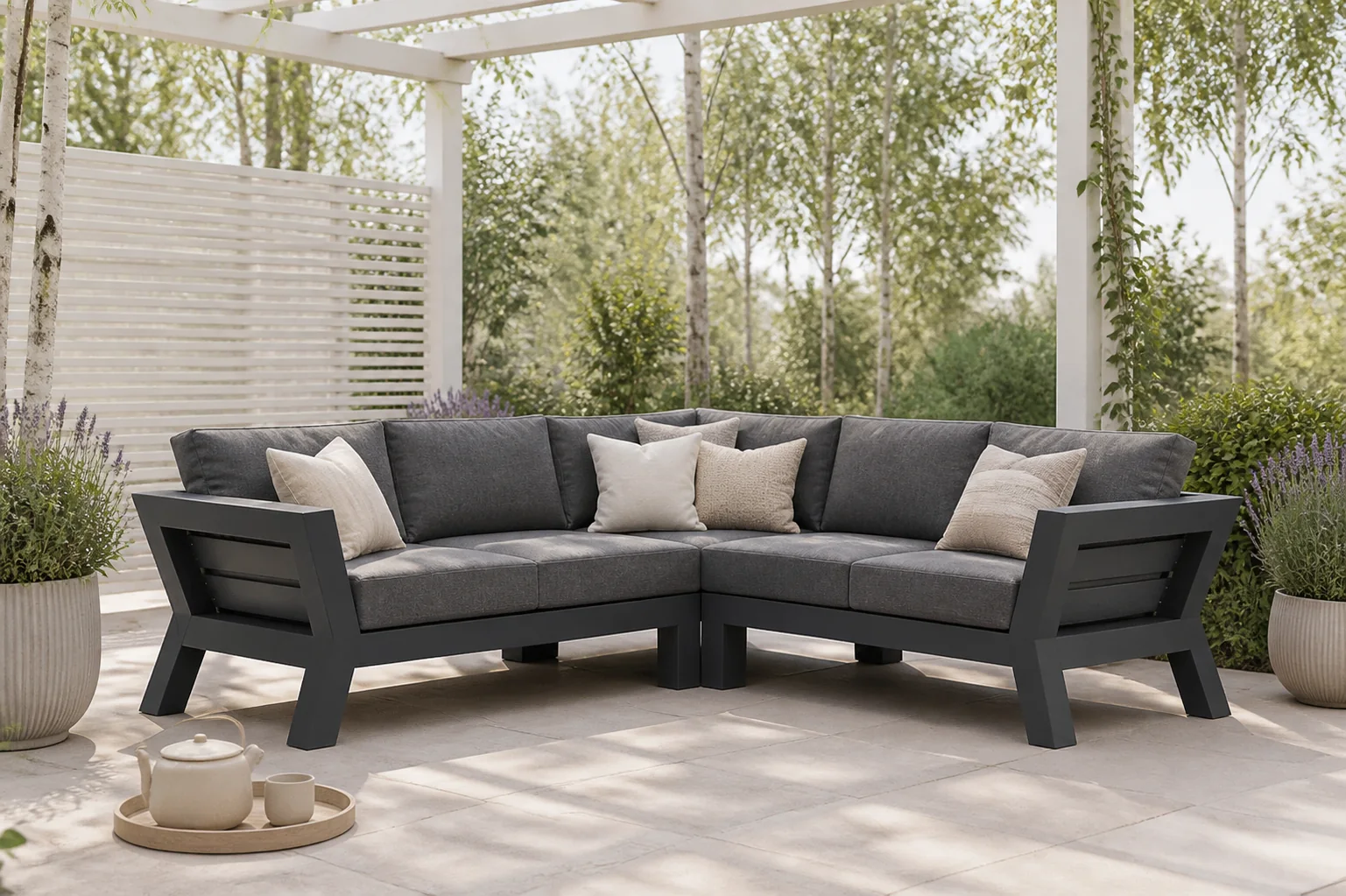 Sfeerfoto van Santika Furniture Yovita hoek loungeset 3-delig – Grijs-antraciet