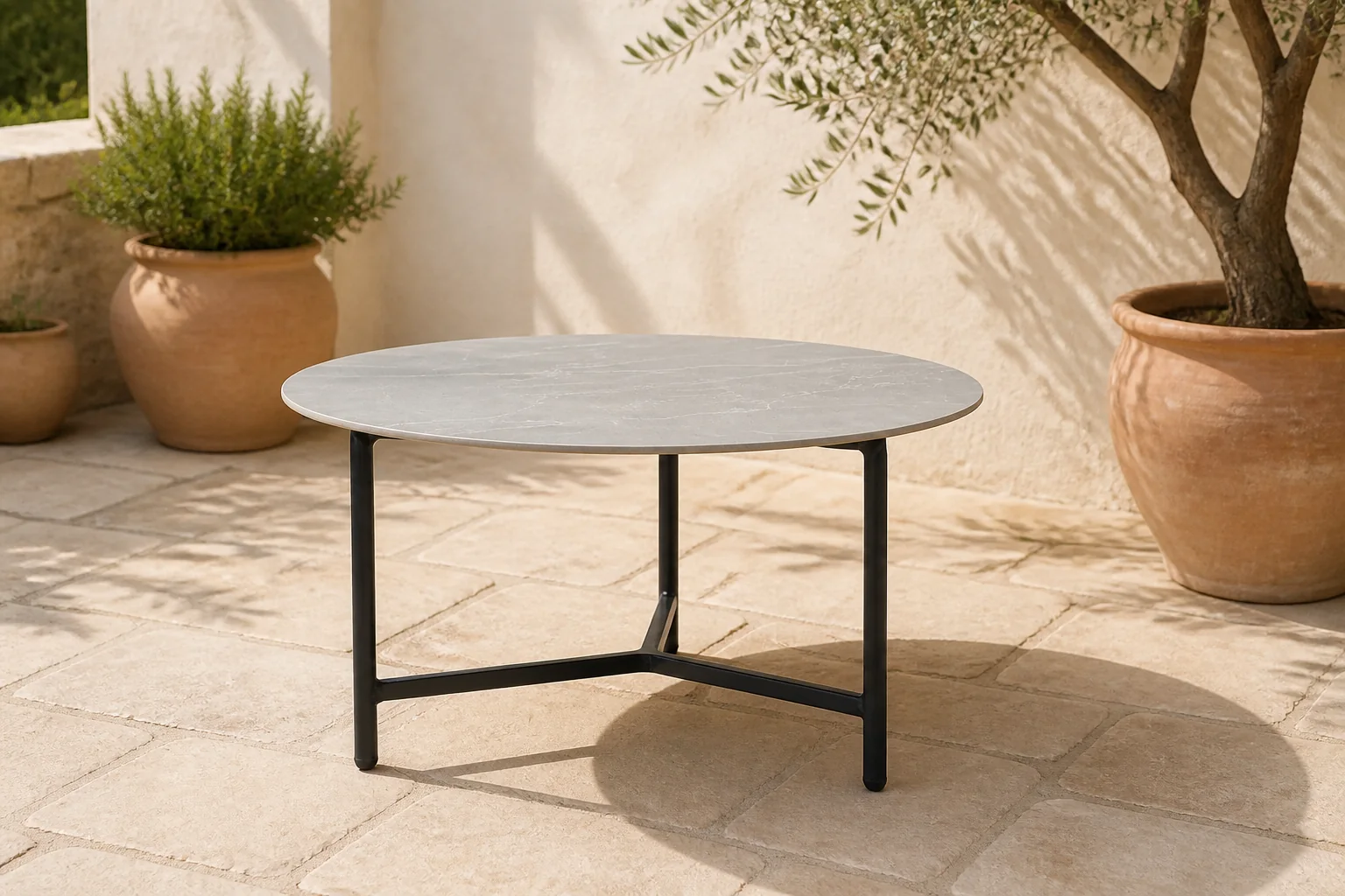 Sfeerfoto van LUX outdoor living Logan koffietafel | sintered stone + aluminium | Marble Grey | 75cm rond – Grijs