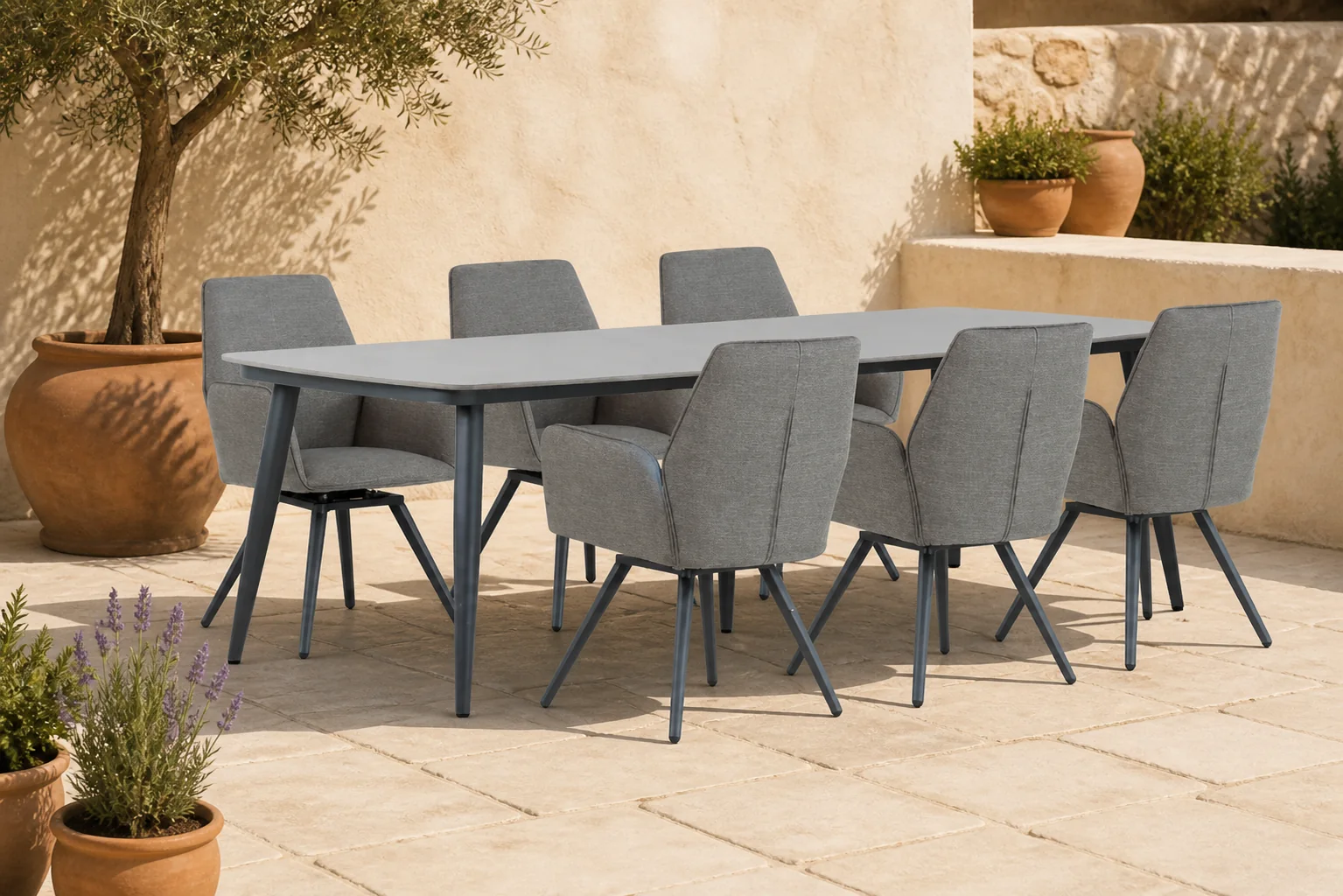 Sfeerfoto van Lifestyle Garden Furniture Andorra/Vienna 240 cm dining tuinset 7-delig – Grijs-antraciet