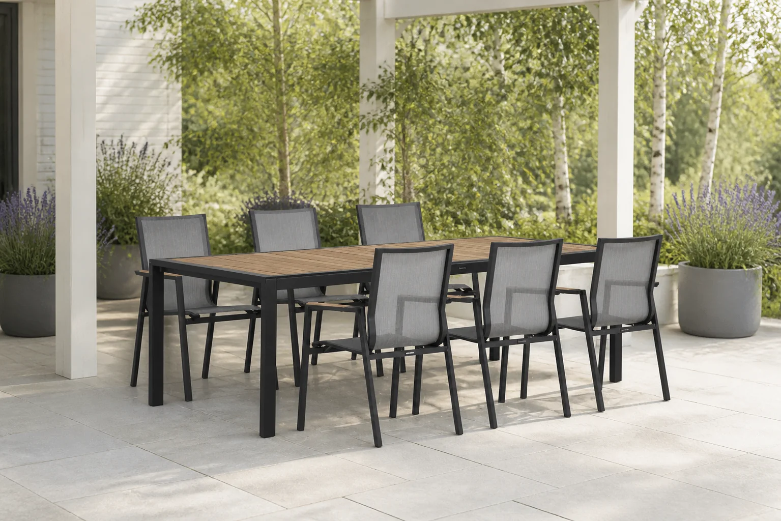 Sfeerfoto van Lifestyle Garden Furniture Fiora/Valence 240 cm dining tuinset 5-delig – Grijs-antraciet