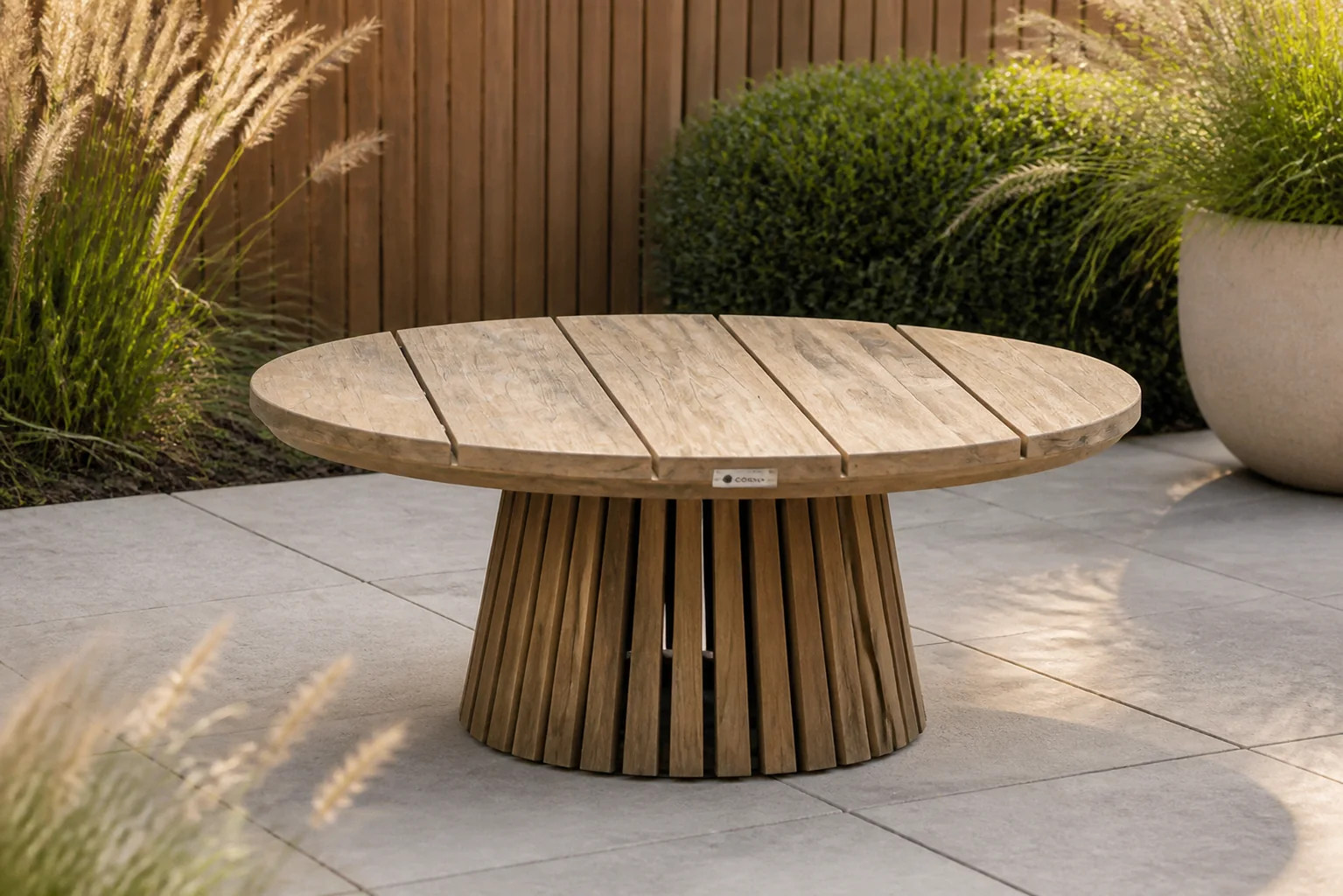 Sfeerfoto van Coco Fungo loungetafel 75 cm Ø – Old teak greywash