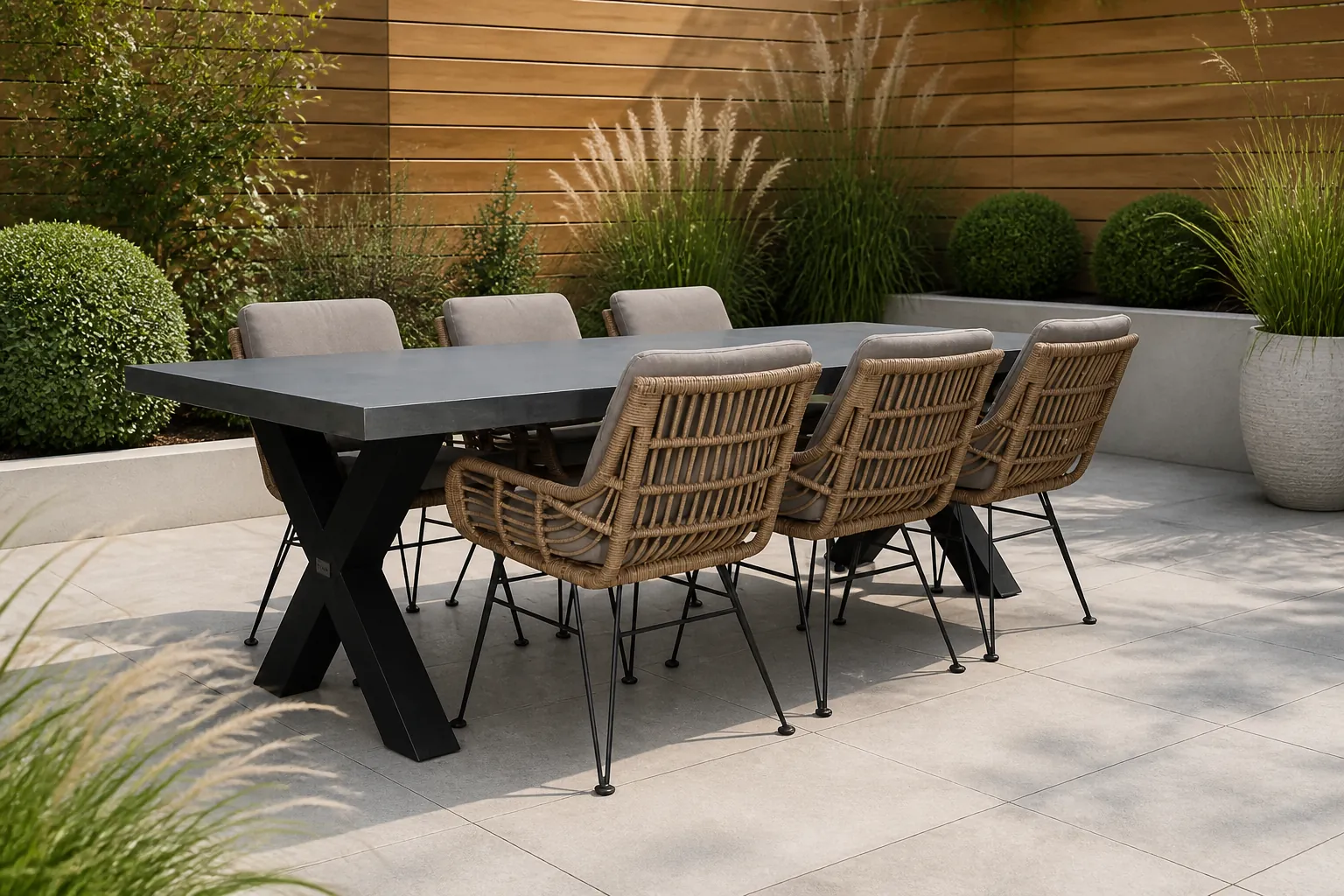 Sfeerfoto van BUITEN living Lyon/Carlos taupe dining tuinset | 6 personen | betonlook + hardhout | 250cm – Zwart