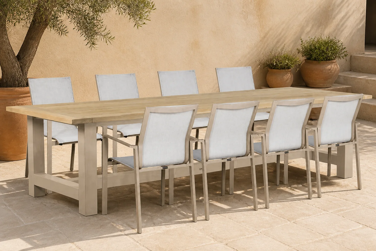Sfeerfoto van Lifestyle Garden Furniture Timo/San Francisco 300x100cm dining tuinset 9-delig – Zand/Beige