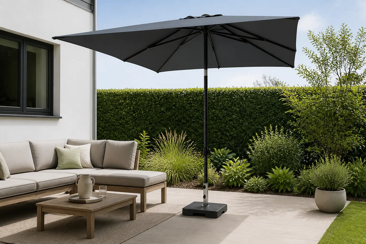Sfeerfoto van Madison Parasol Denia (200×200 cm) – Grijs