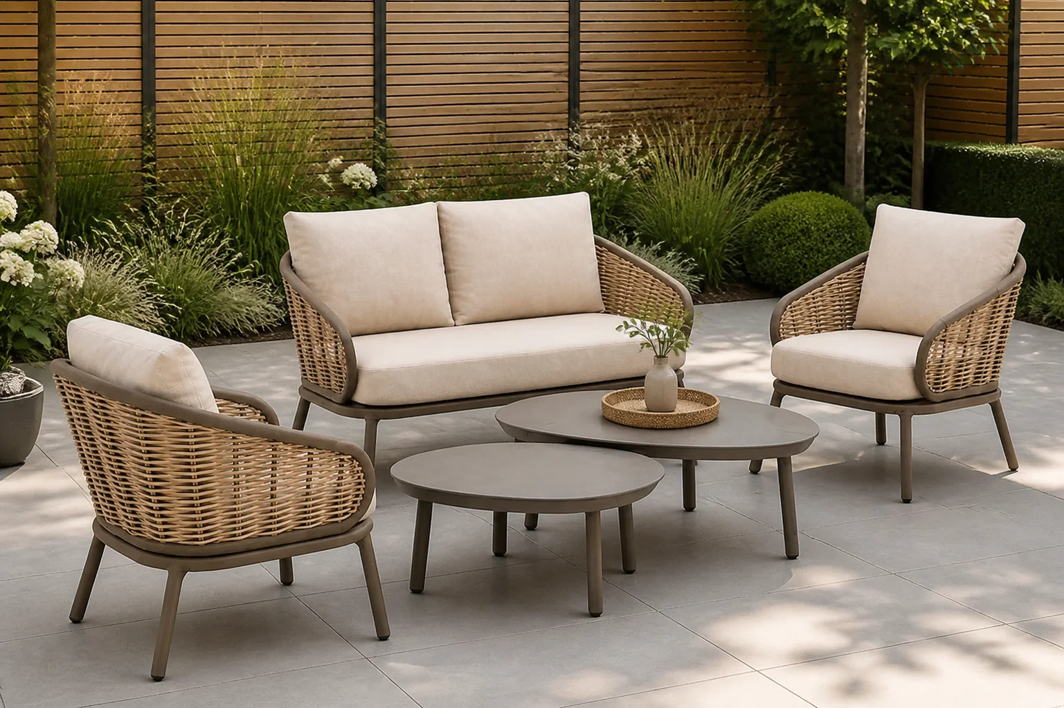 Sfeerfoto van Apple Bee Pine Key/Livo stoel-bank loungeset 5-delig – Taupe-naturel-bruin