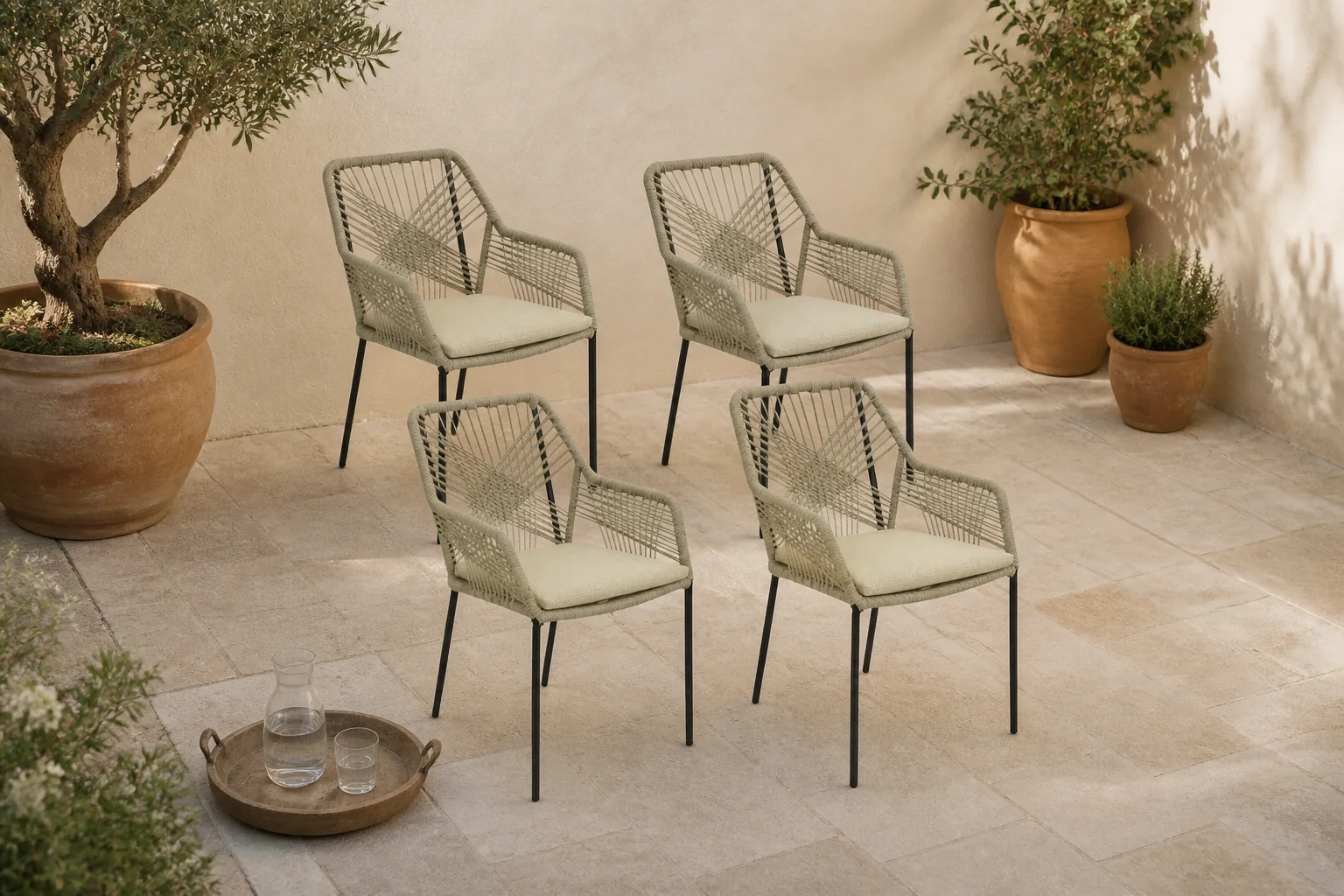Sfeerfoto van BUITEN living Seville dining tuinstoel set van 4 | touw + staal | zand