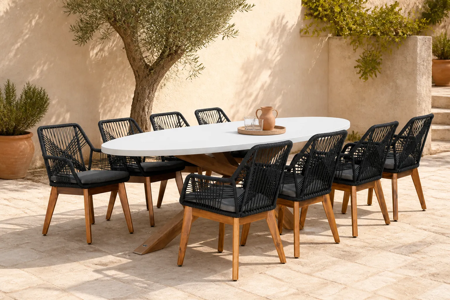 Sfeerfoto van BUITEN living Livorno/Seville hout zwart dining tuinset | 8 personen | betonlook + touw | 280cm ovaal – Light Teak, Betonlook, Zwart