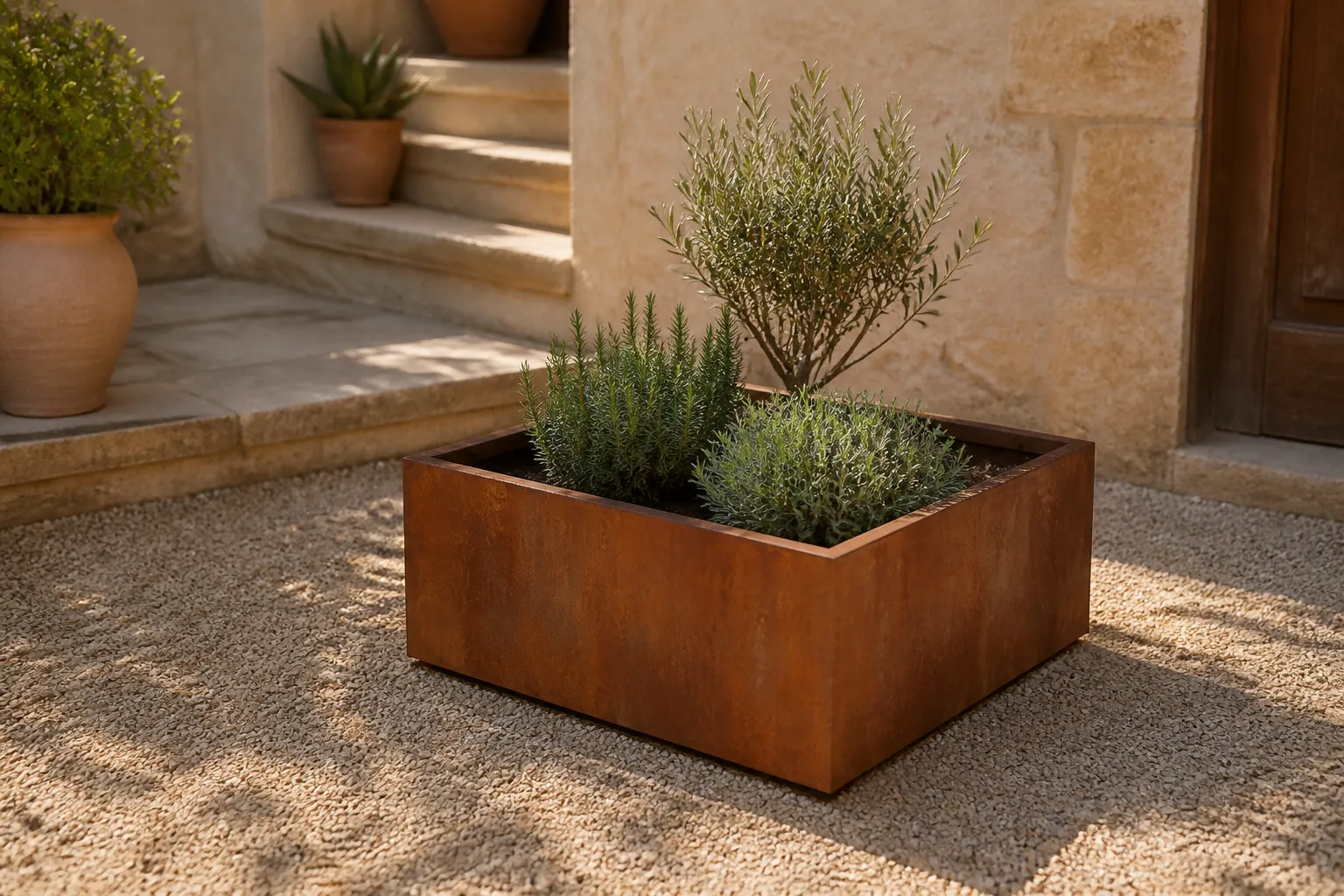 Sfeerfoto van Geroba Plantenbak Artesa roestkleurig 100x100x40 cm – bruin