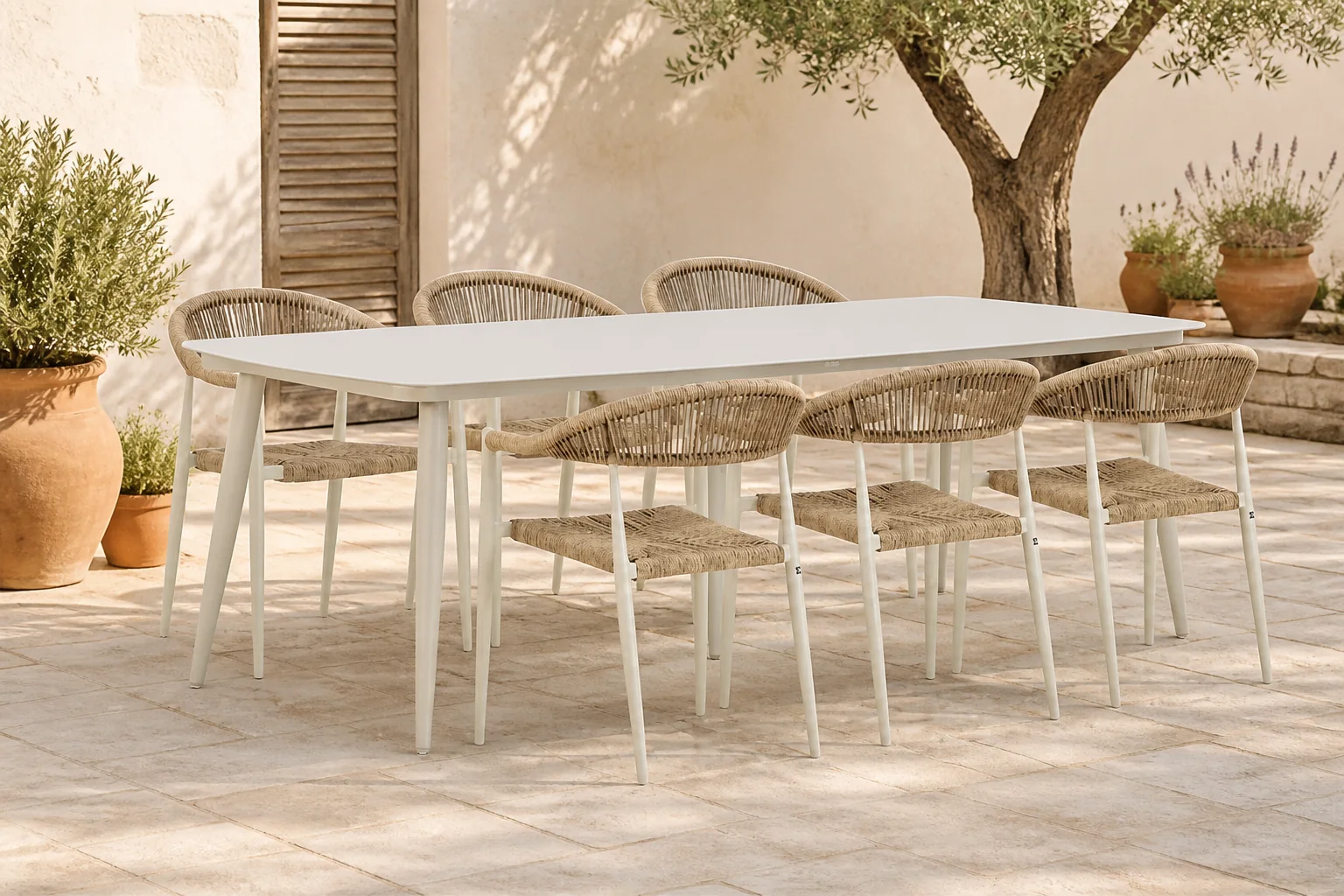 Sfeerfoto van De Laan Projects Lifestyle Granada/Vienna 240 cm dining tuinset 7-delig – Taupe-naturel-bruin