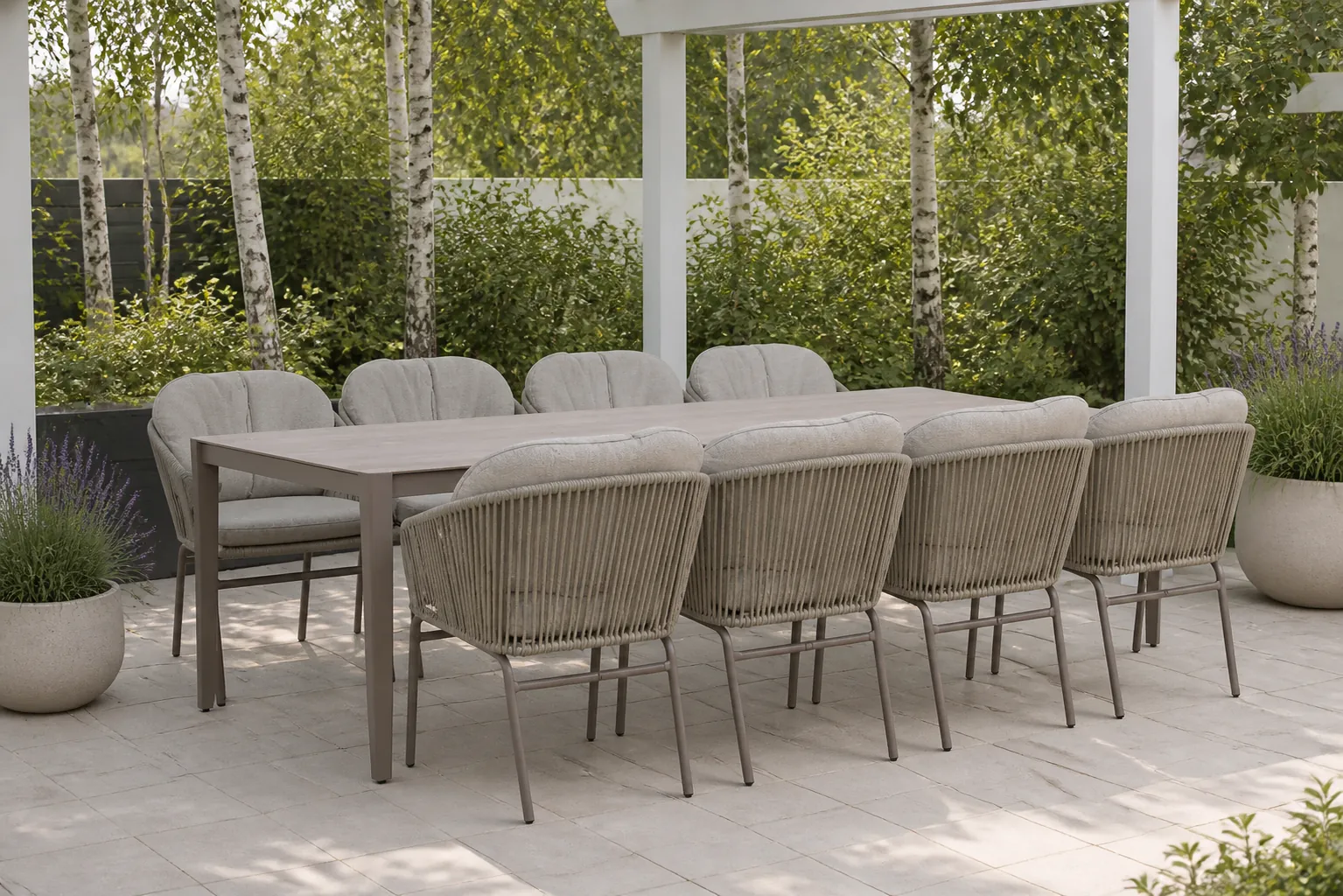 Sfeerfoto van Coco Livo/Livo 280×100 cm dining tuinset 9-delig – Taupe-naturel-bruin