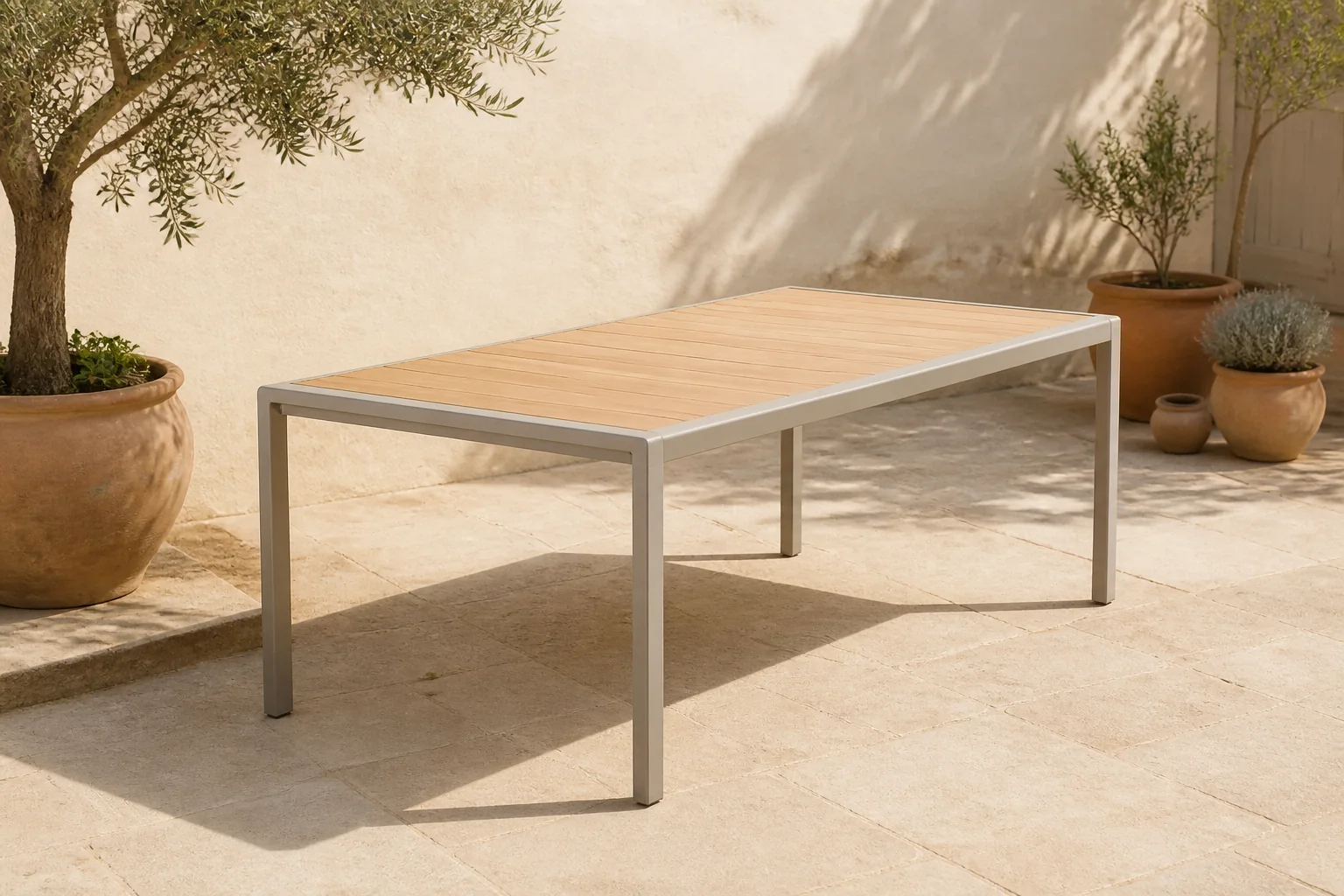 Sfeerfoto van LUX outdoor living Annecy dining tuintafel 6 personen | teakhout + aluminium | Natural Teak/beige | 227cm