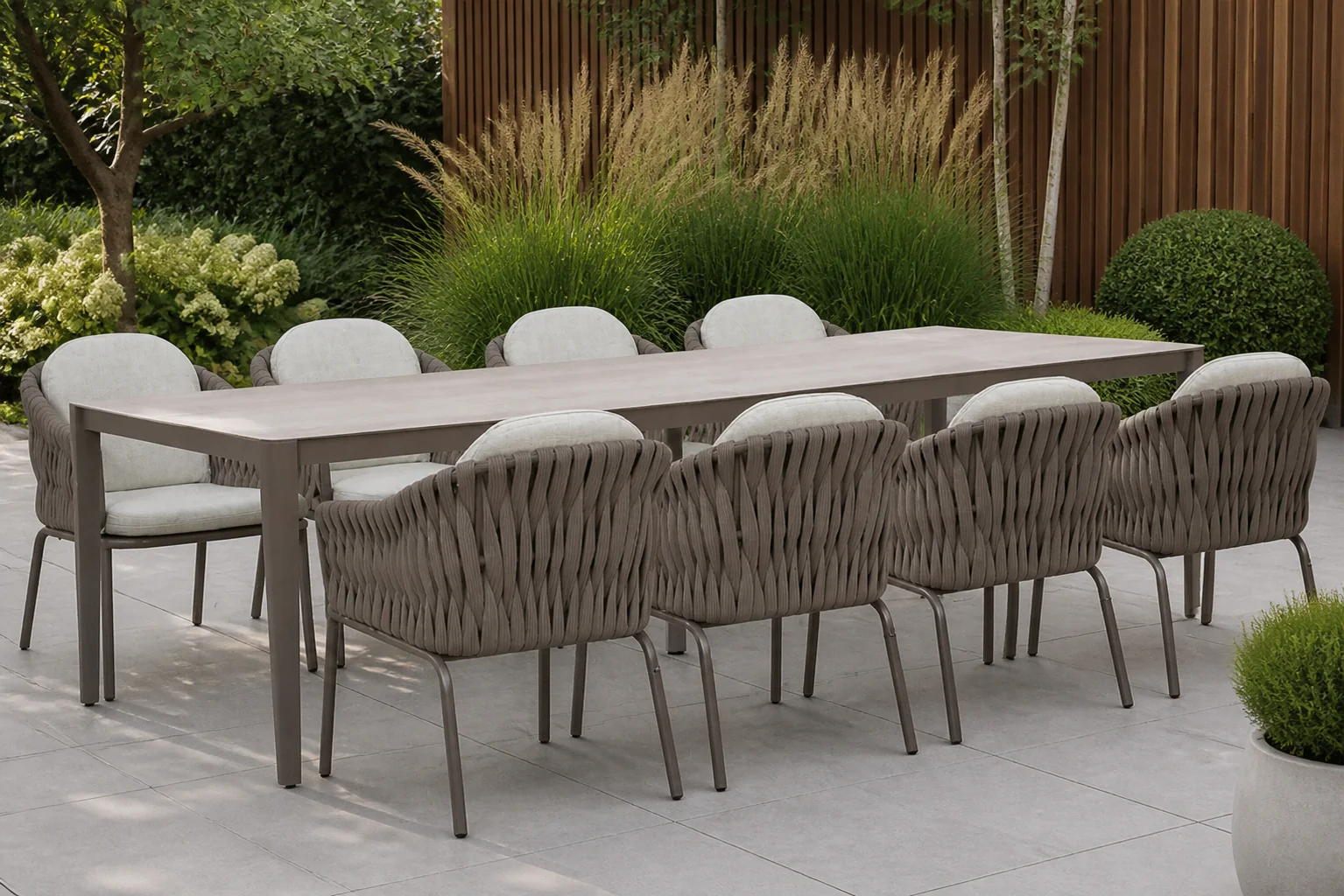 Sfeerfoto van Santika Furniture Amadora/Livo 280×100 cm dining tuinset 9-delig – Taupe-naturel-bruin