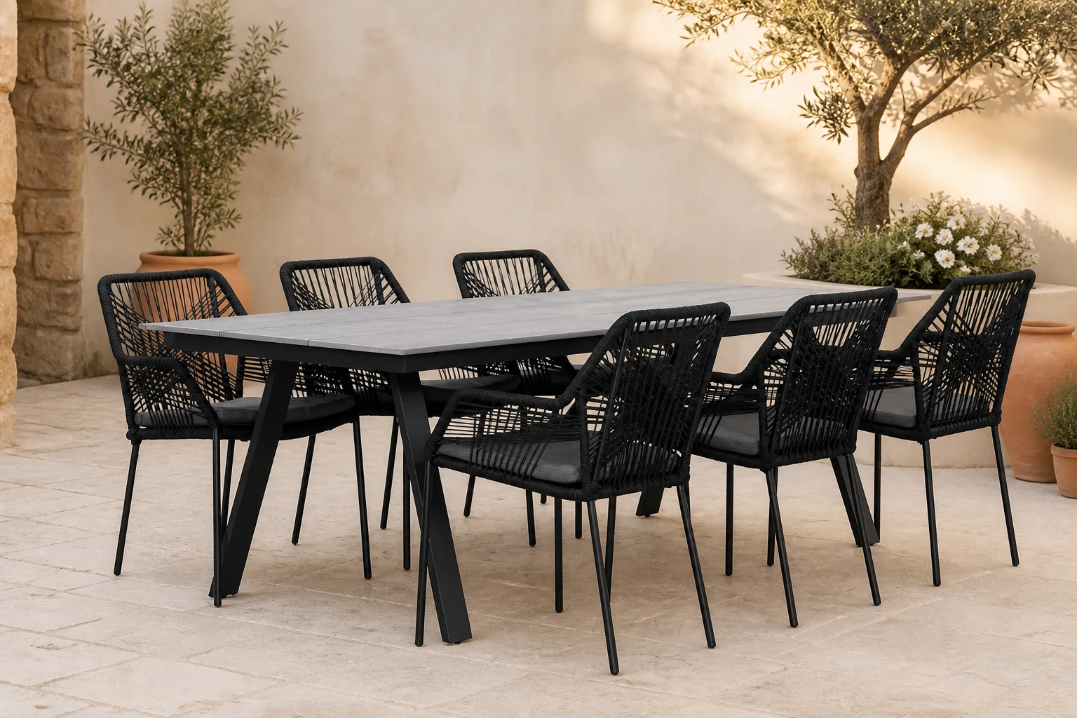 Sfeerfoto van LUX outdoor living Oslo Grey/Seville zwart dining tuinset | 6 personen | polywood + touw | 220cm – Zwart, Grijs