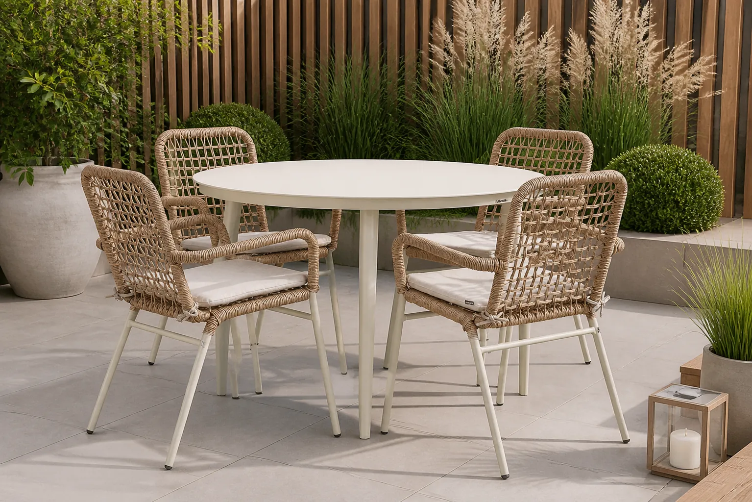 Sfeerfoto van De Laan Projects Lifestyle Catalone/Vienna 120 cm dining tuinset 5-delig – Taupe-naturel-bruin