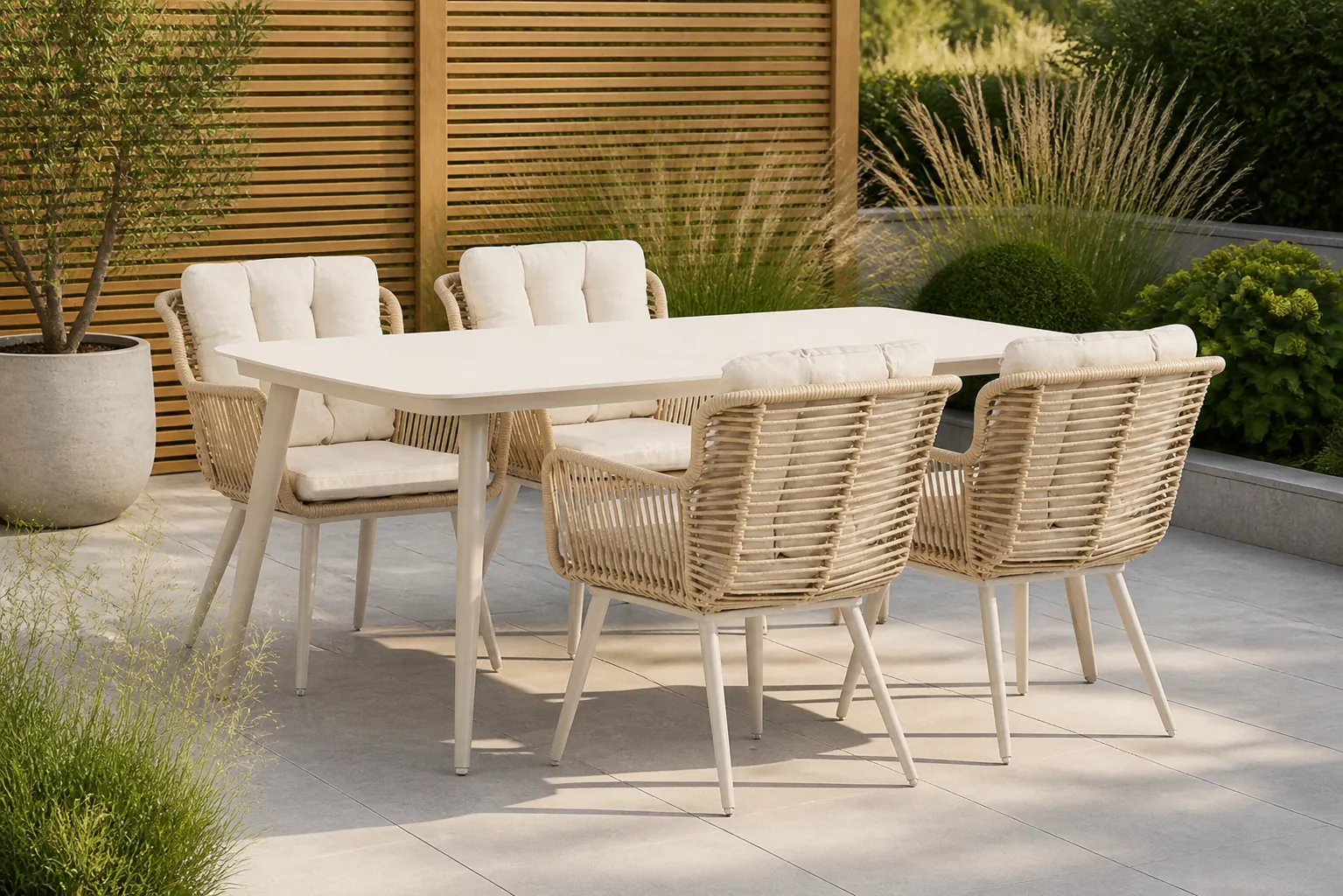 Sfeerfoto van Coco Custa/Vienna 180 cm dining tuinset 5-delig – Taupe-naturel-bruin