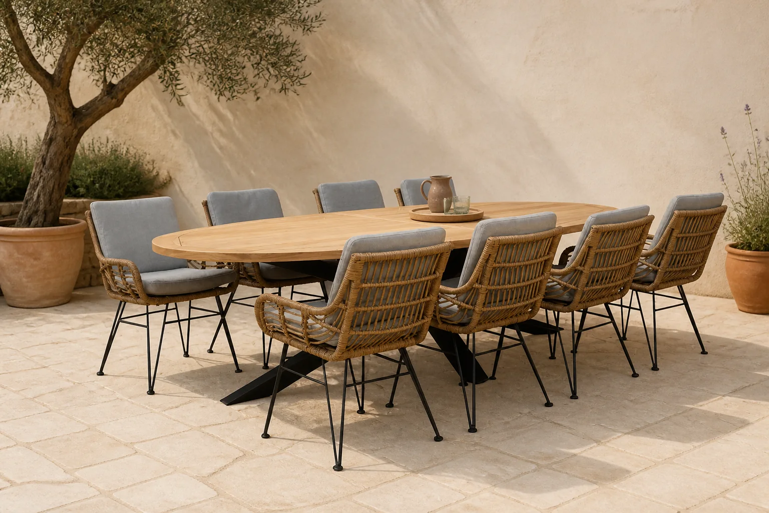 Sfeerfoto van LUX outdoor living Cleve/Carlos taupe dining tuinset | 8 personen | teakhout + wicker | 280cm ovaal