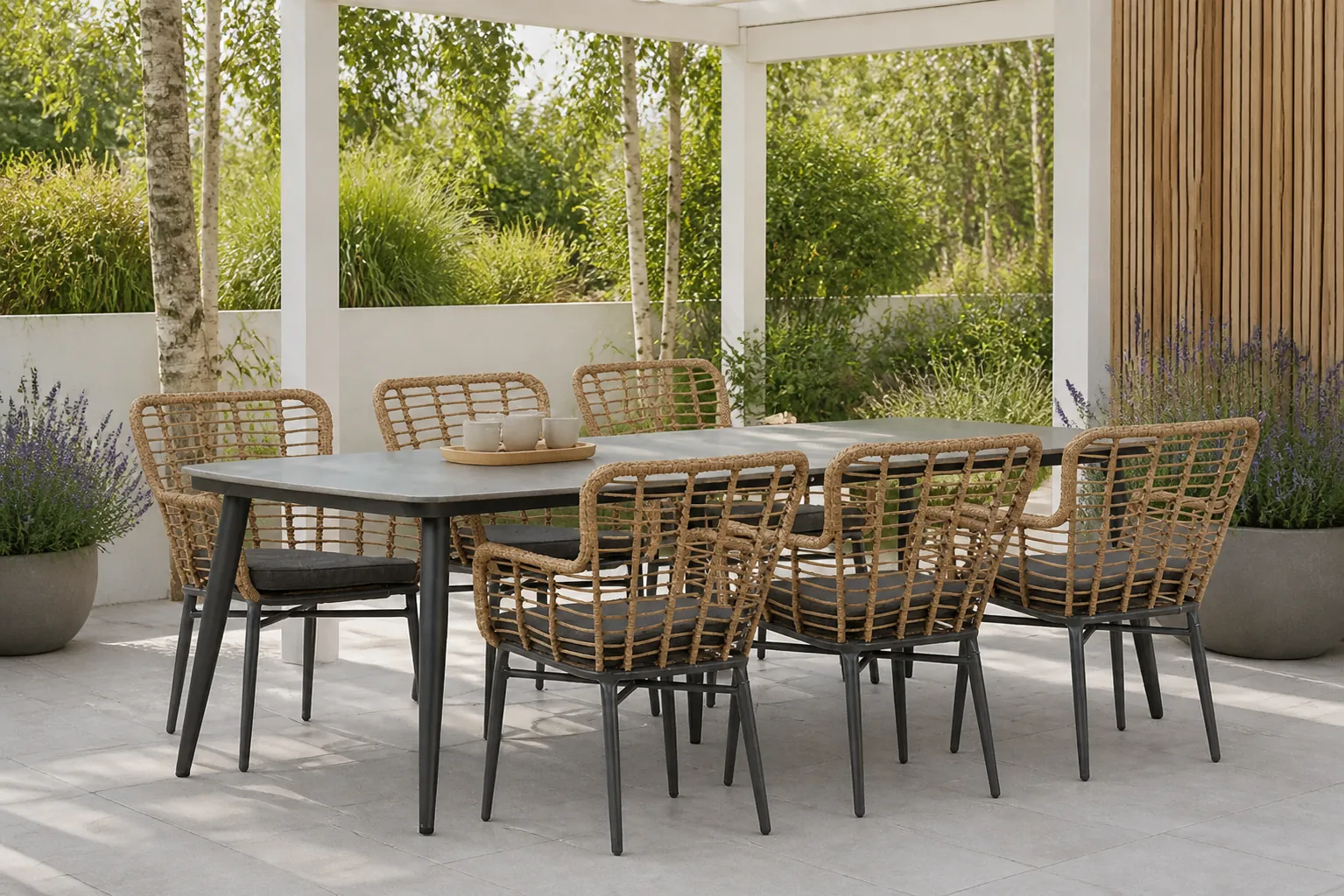 Sfeerfoto van Lifestyle Garden Furniture Toledo/Vienna 240 cm dining tuinset 7-delig – Taupe-naturel-bruin