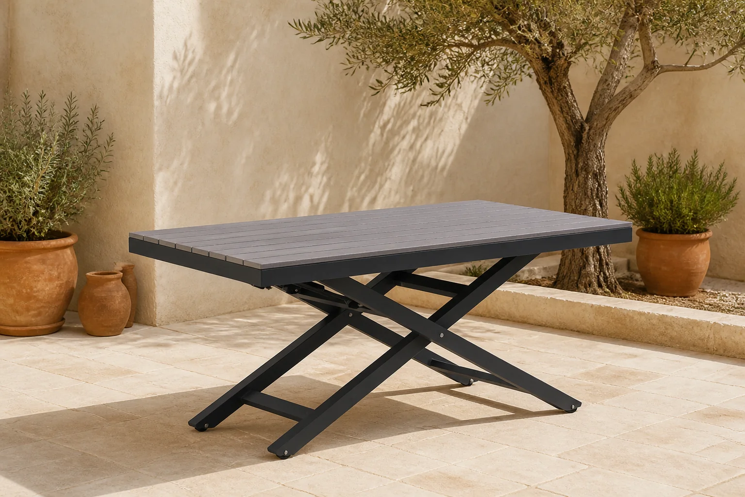 Sfeerfoto van Lifestyle Garden Furniture Palazzo lounge/dining tuintafel 140 x 80 cm verstelbaar antracite – Grijs-antraciet