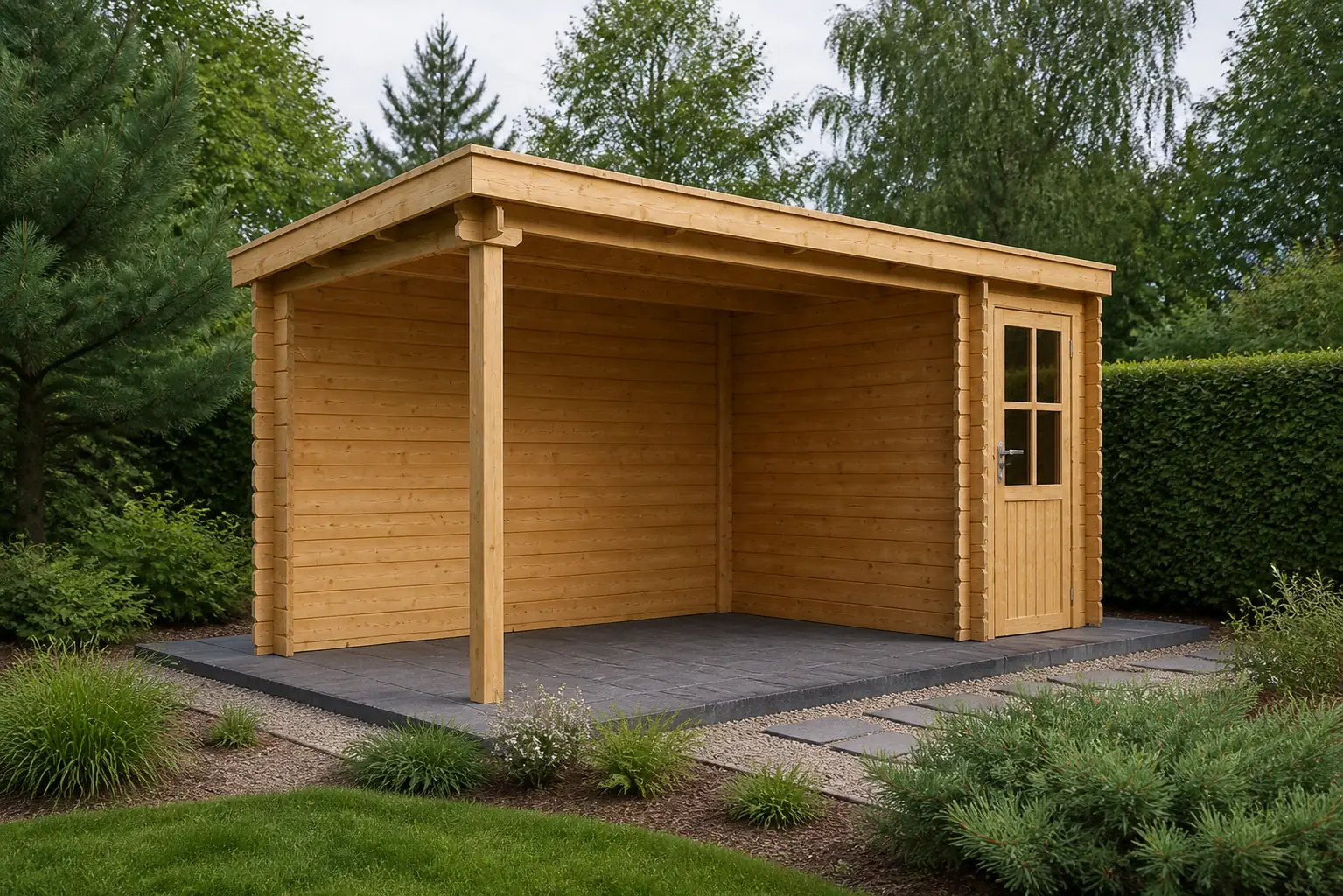 Sfeerfoto van Warentuin collection Blokhut, tuinhuisje met overkapping Els-Julia 500 cm bij 200 cm diep lessenaarsdak 7 – bruin