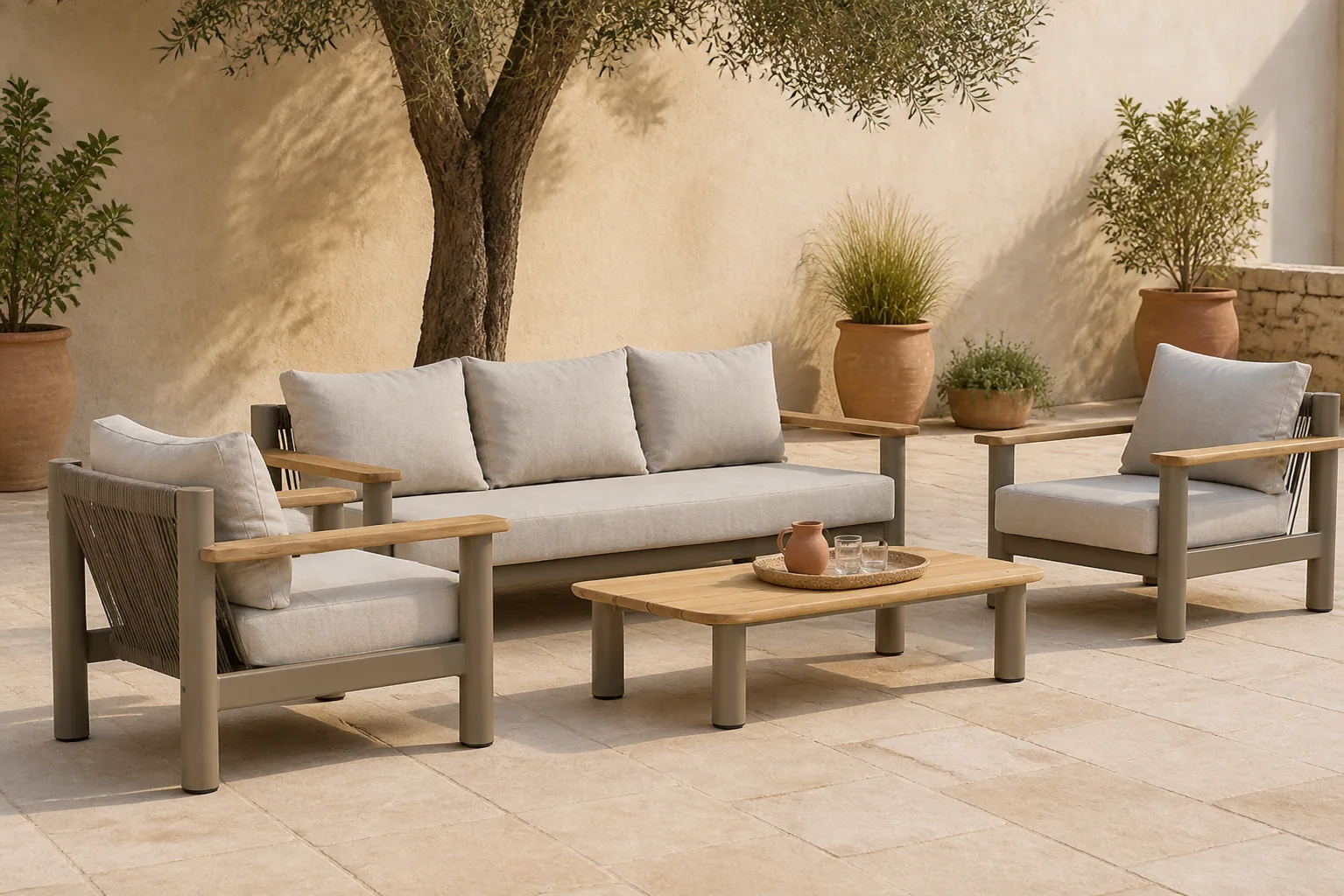 Sfeerfoto van Santika Furniture Yolano stoel-bank loungeset 4-delig – Taupe-naturel-bruin