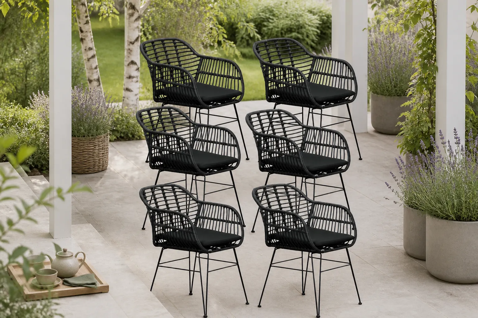 Sfeerfoto van BUITEN living Napels dining tuinstoel set van 6 | wicker | zwart