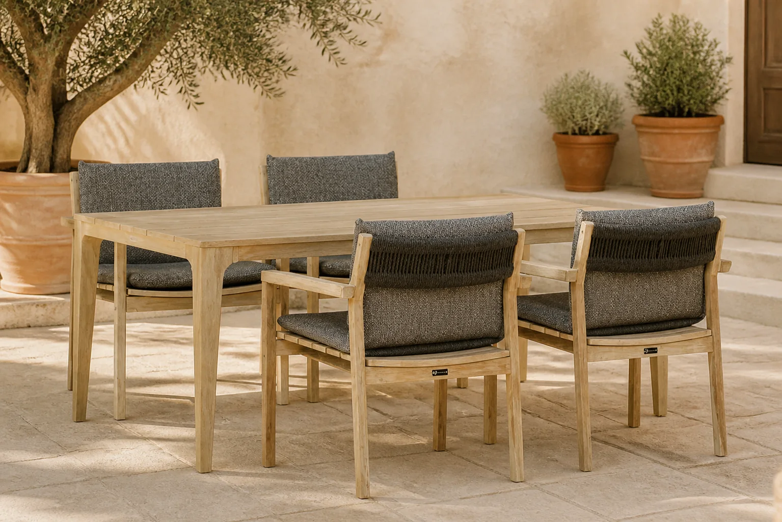 Sfeerfoto van Santika Furniture Suka/Sentis 180 cm dining tuinset 5-delig – Old teak greywash