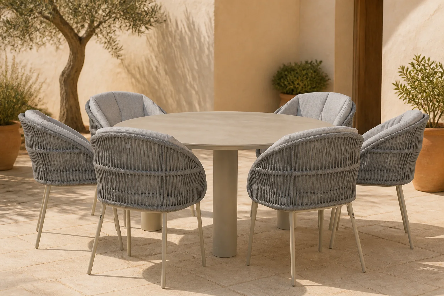 Sfeerfoto van Santika Furniture Pebble/Trino 158 cm dining tuinset 7-delig – Zand/Beige