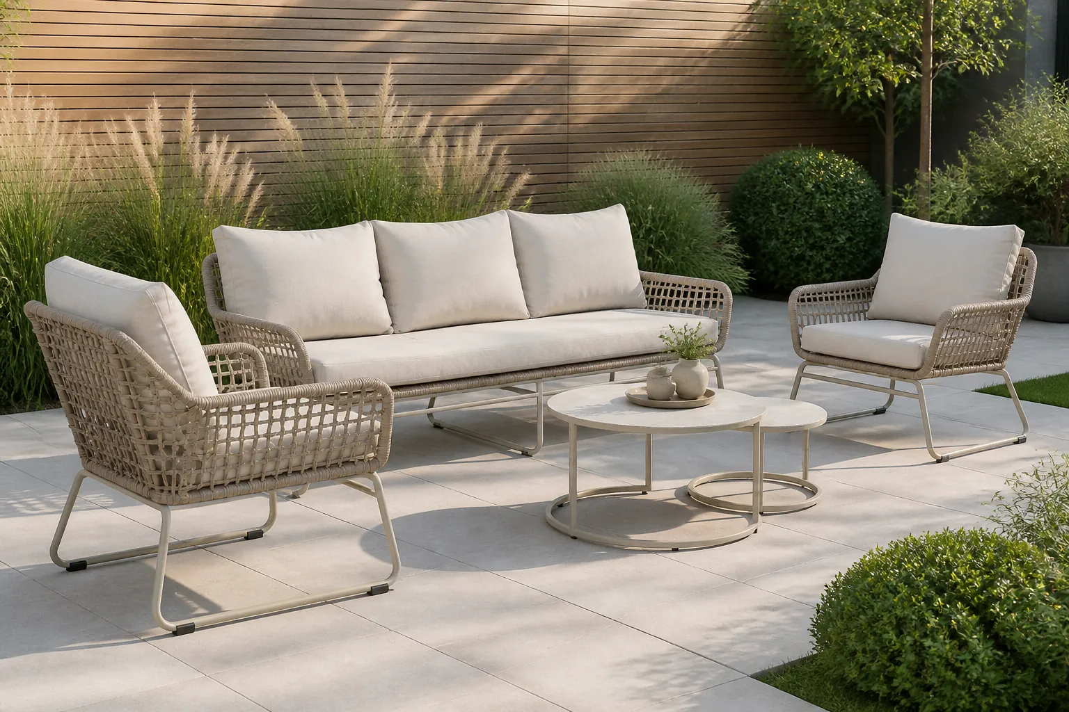 Sfeerfoto van BUITEN living Valencia stoel-bank loungeset incl. Aurora tafel | touw + aluminium | Almond Beige | 4-delig