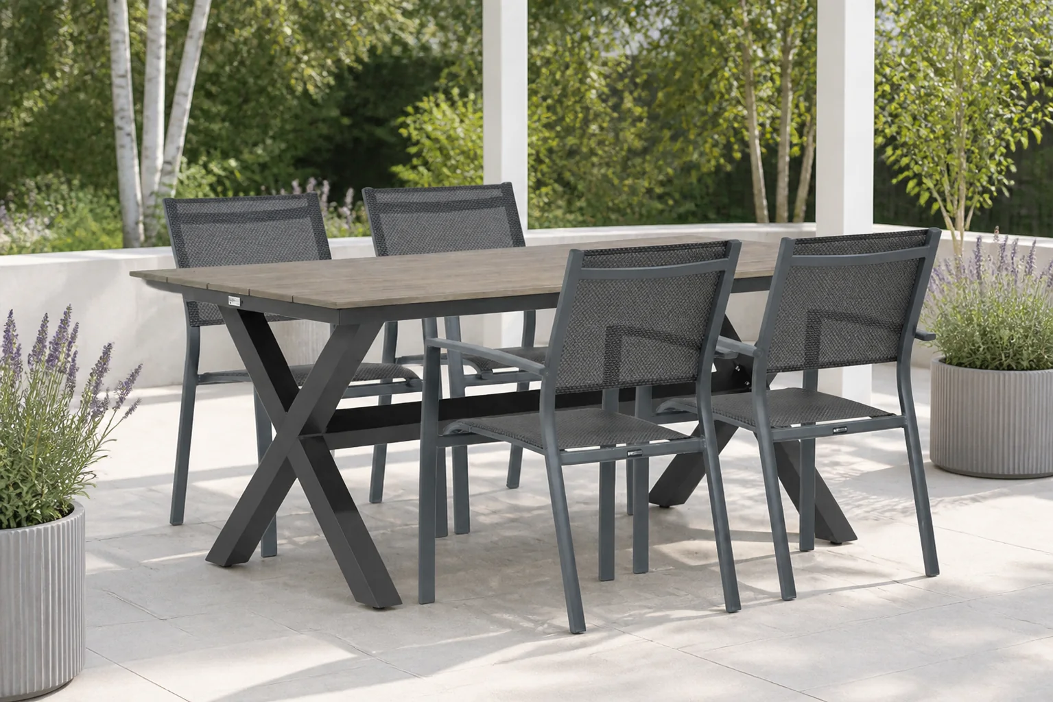 Sfeerfoto van Lifestyle Garden Furniture Sella/Forest 180 cm dining tuinset 5-delig – Grijs-antraciet