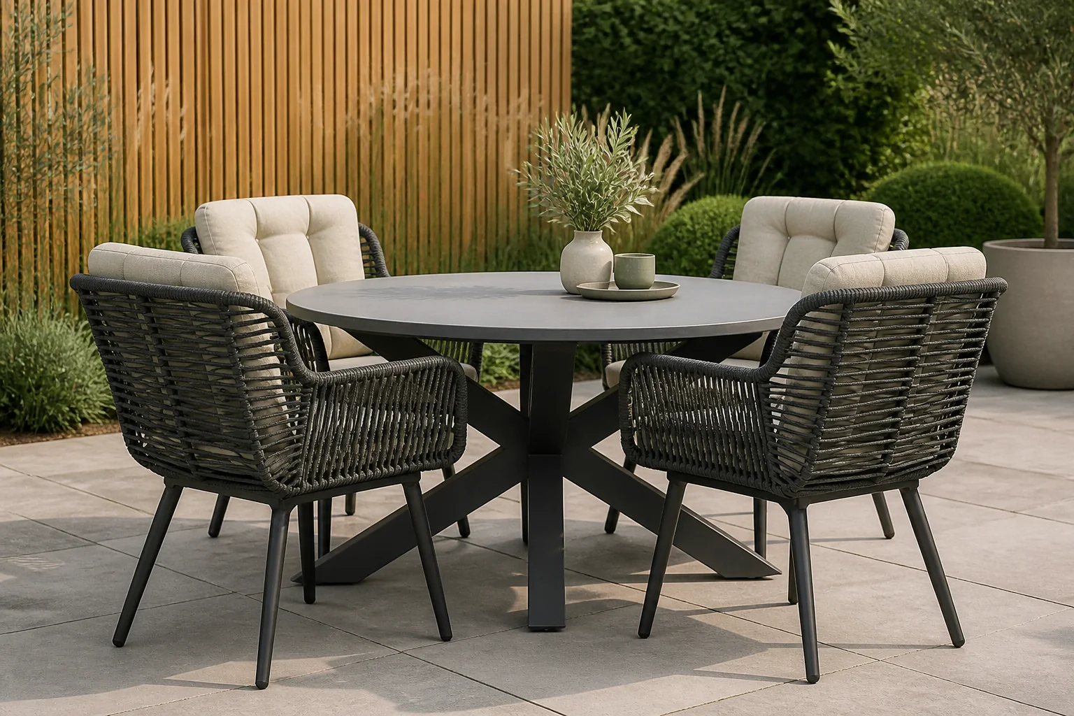 Sfeerfoto van Coco Custa/Orino 130 cm dining tuinset 5-delig – Grijs-antraciet
