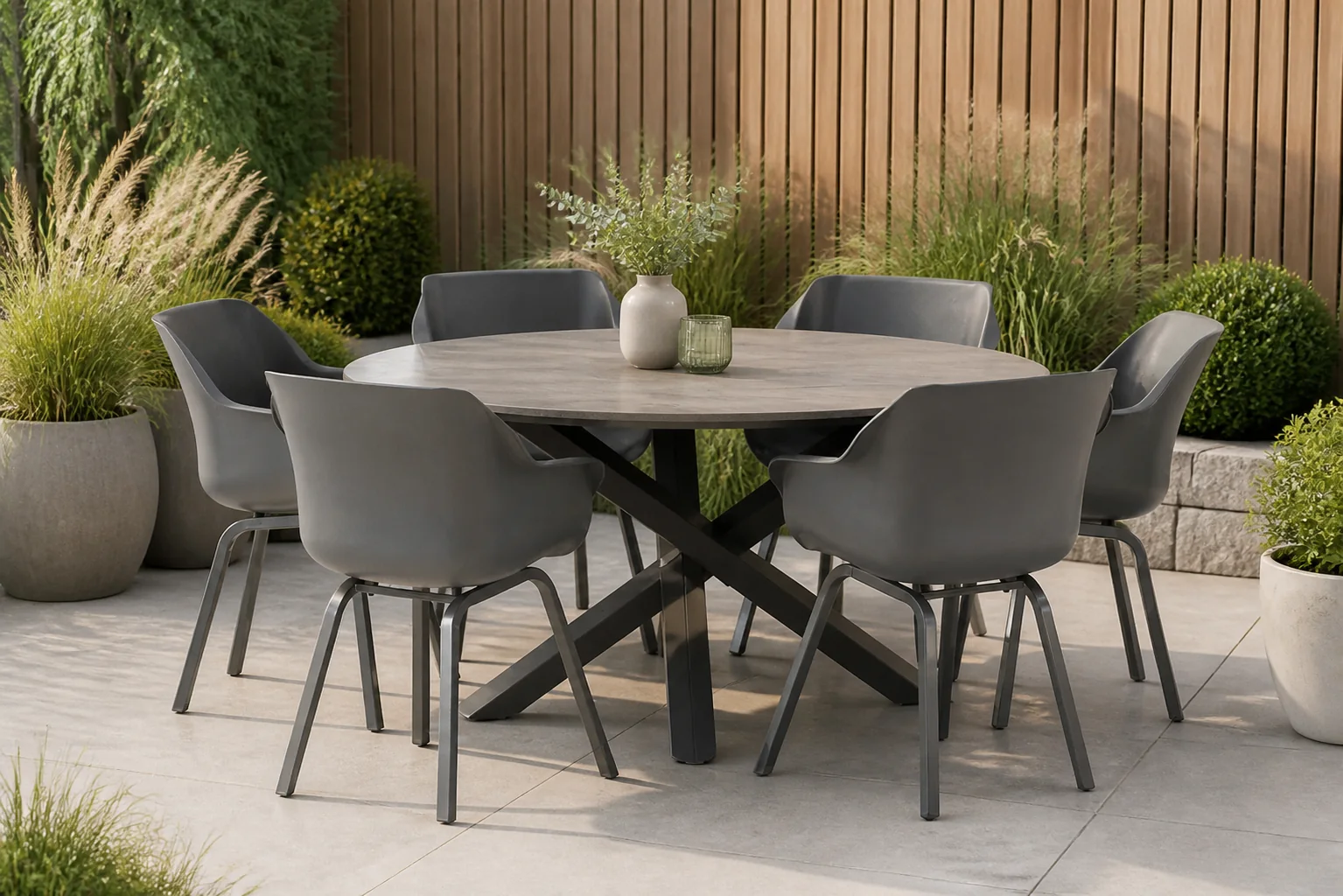 Sfeerfoto van Hartman Sophie element/Ancona 150 cm rond dining tuinset 7-delig – Grijs-antraciet