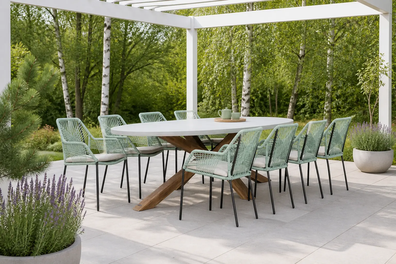 Sfeerfoto van BUITEN living Livorno/Seville mint dining tuinset | 8 personen | betonlook + touw | 280cm ovaal – Light Teak, Betonlook, Mint