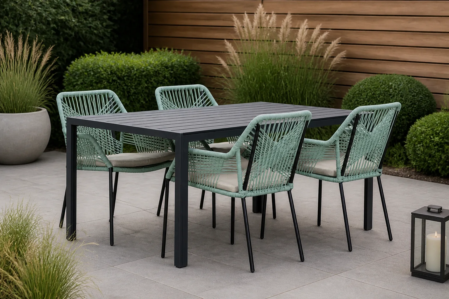 Sfeerfoto van LUX outdoor living Manchester/Seville mint dining tuinset | 4 personen | aluminium + touw | 150cm – Zwart, Mint